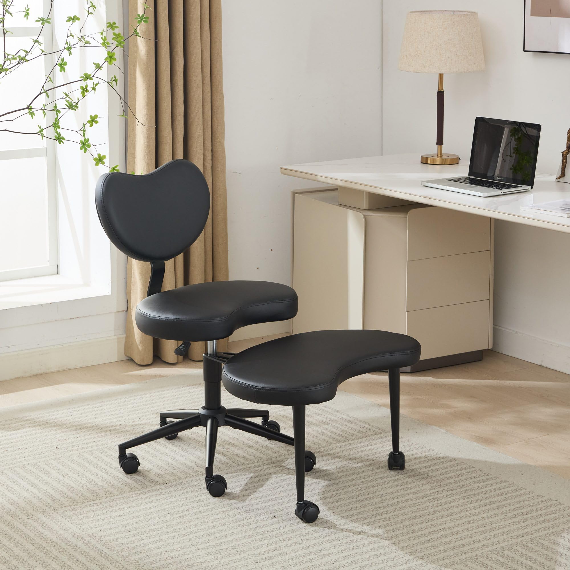Active Sitting Revolution Office Chair – Cross-Legged &amp; Kneeling Positions, 4.2" Thick Cushion, 360° Footstool, 250lbs Weight Support, Home Office/Yoga/Meditation (PU Leather, Black)