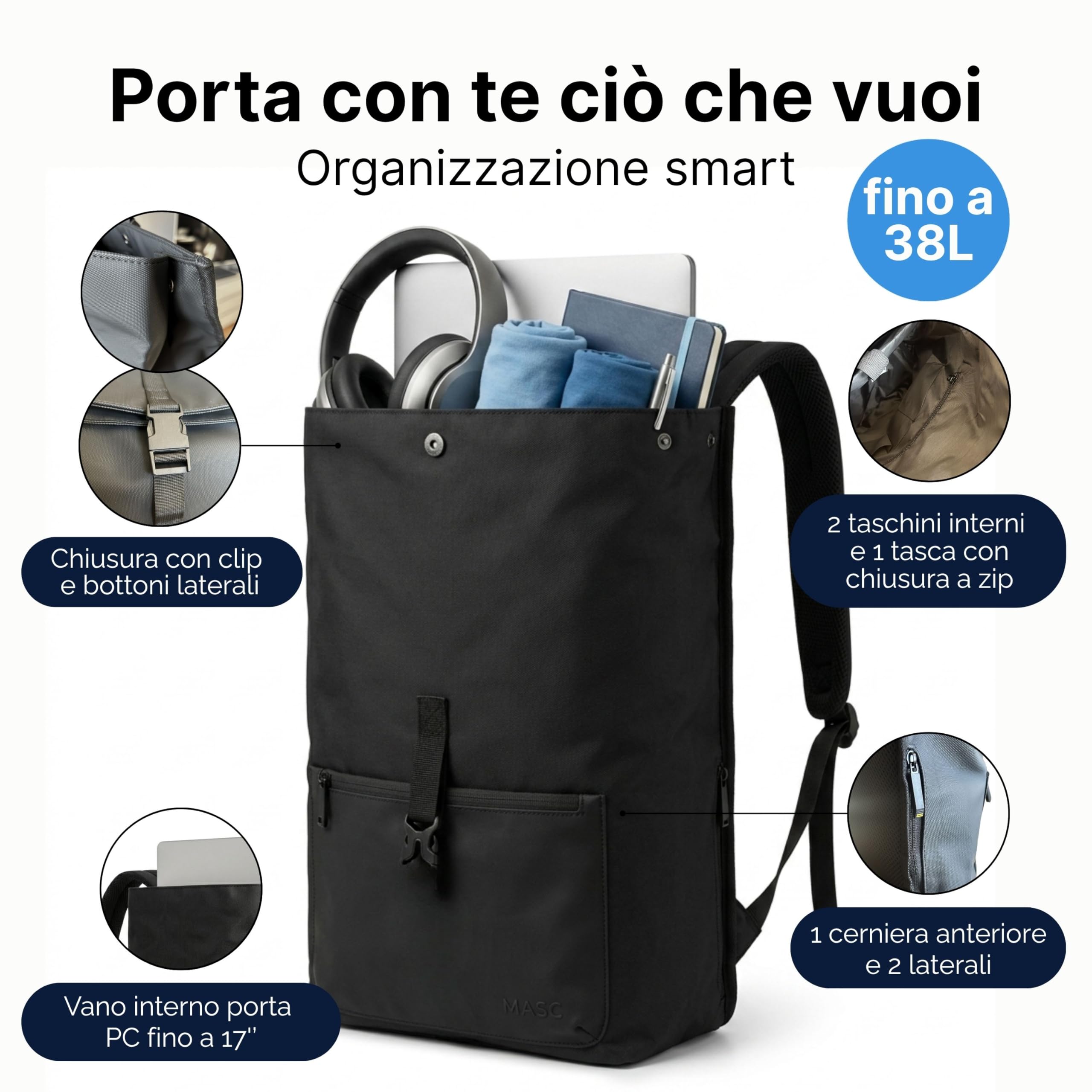 MASC Zaino Rolltop Business, Zaino Urban Elegante Porta PC 17 Pollici, Espandibile e Ideale per Viaggi, Ufficio e Università