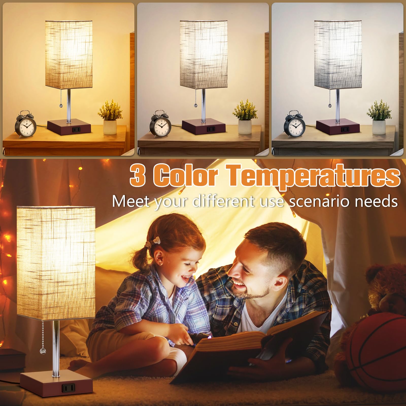 PLMMY Bedside Table Lamp for Bedroom Nightstand, 3 Color Nightstand Lamps Set of 2 with AC Outlets, Square Pull Chain Bedside Lamp for Living Room, Office Desk, LED Bulb Included