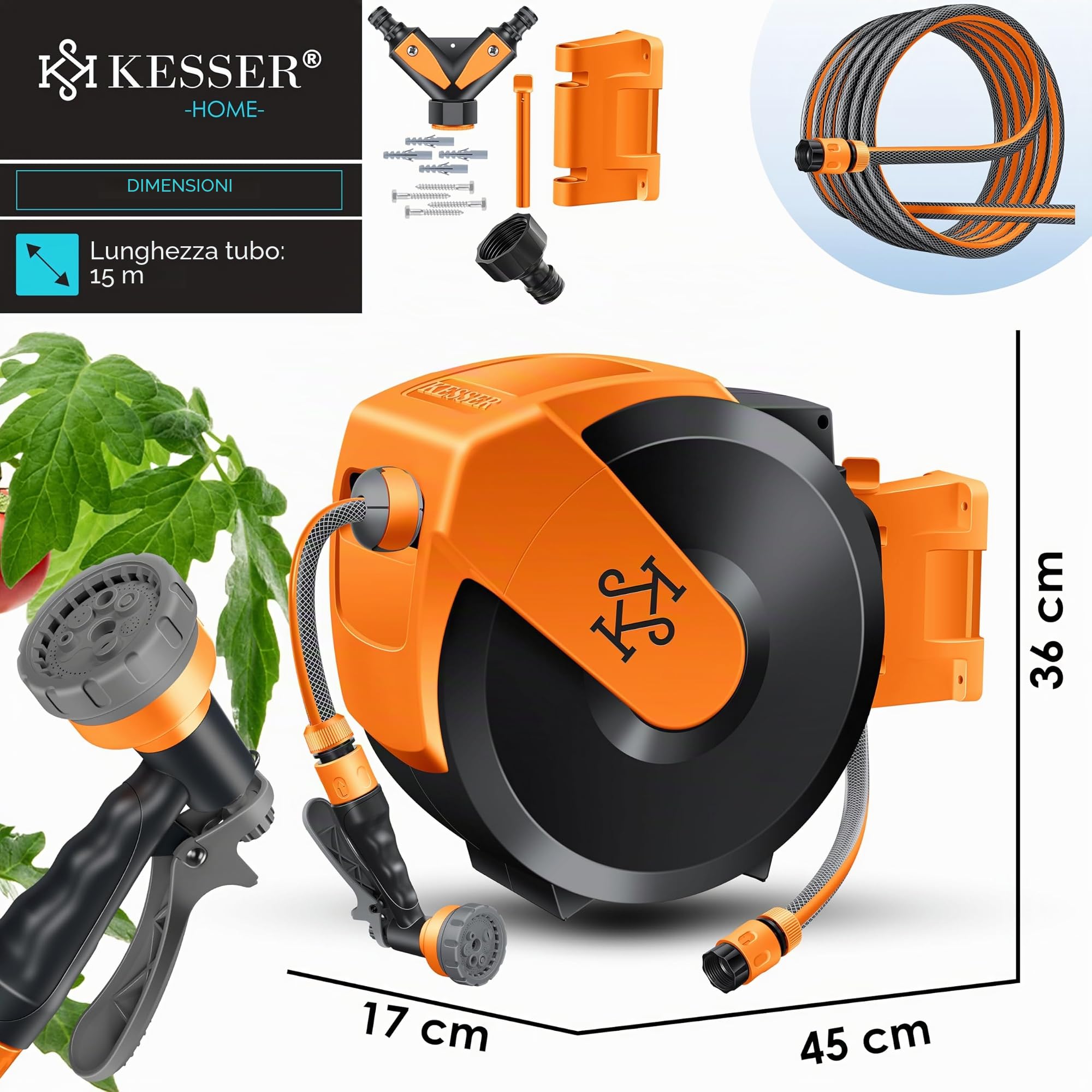 KESSER® Avvolgitubo con Tubo da Giardino 15 m, a Parete, Avvolgitubo girevole a 180° e a rientro automatico, Portagomma a Parete con Doccia a mano a 7 funzioni, Nero/Arancione