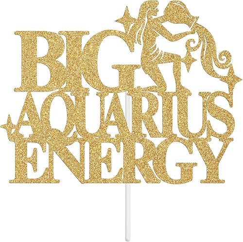 Miniatura 7 de Decoración de pastel de energía de acuario grande con purpurina dorada, feliz cumpleaños acuario en enerofebrero, temporada de acuario, 12