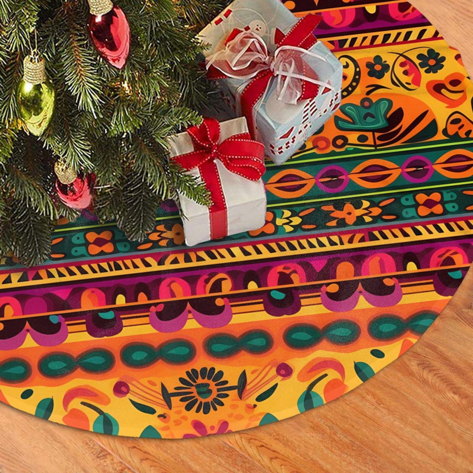 Fodpand Black Mexican Folk Art Boho Christmas Tree Skirt 48" Velvet Xmas Tree Skirt Mat Rustic Christmas Tree Mat Cover Winter Xmas Tree Collar For Indoor Outdoor Christmas Decorations