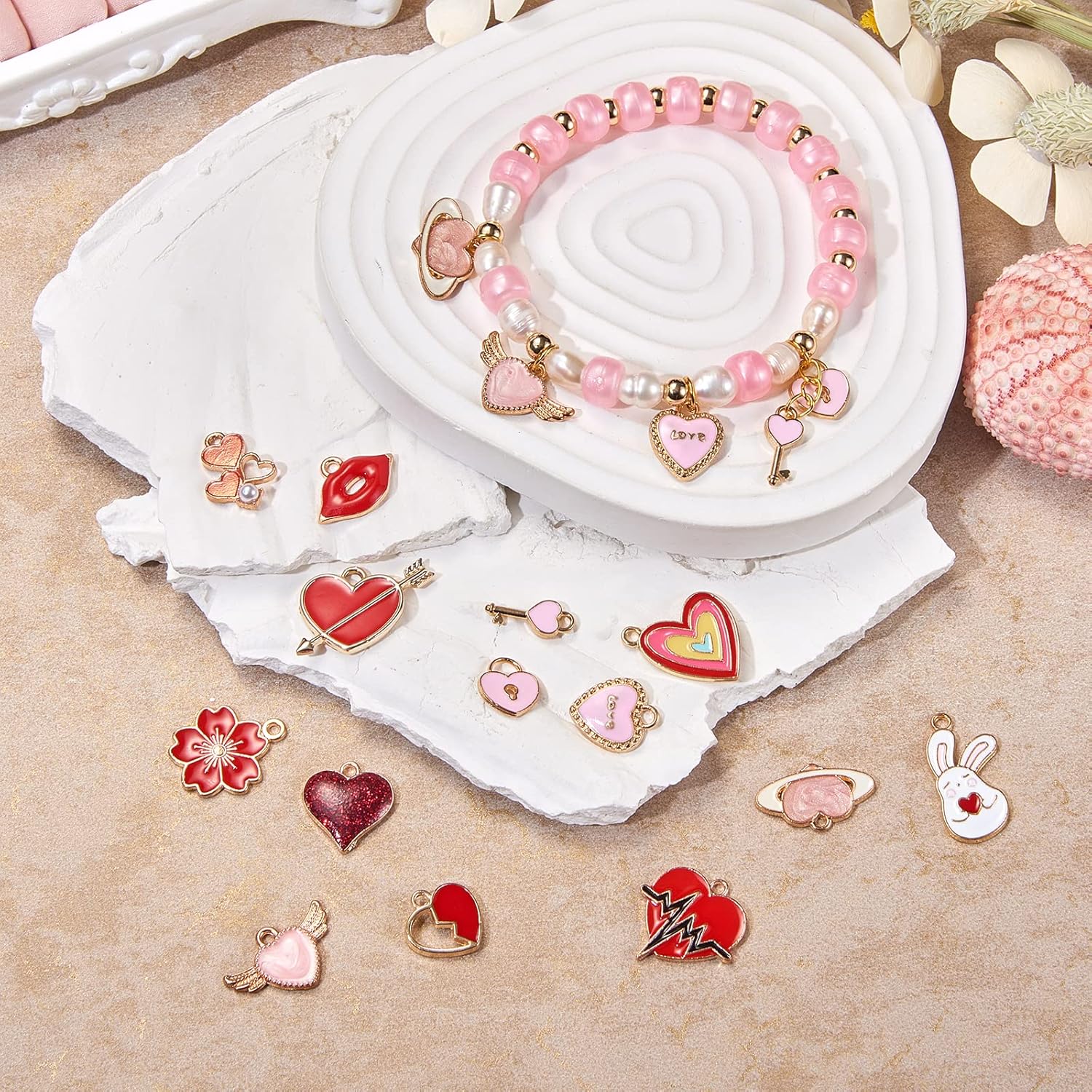 56 Pcs Valentine's Day Heart Enamel Charms - Pink Love Heart Charms for Jewelry Necklace, Bracelet, Earring Gifts Making - Image 5