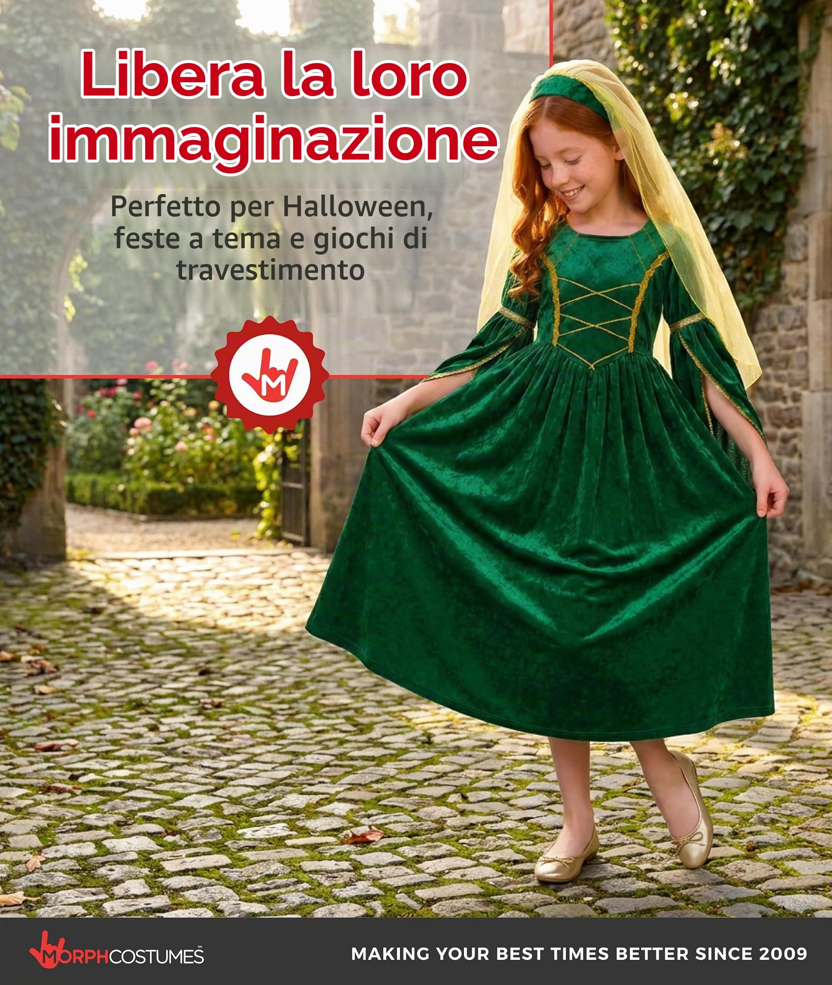 Fun Shack Costume Principessa Bambina, Costume Halloween Bambina | Abito Verde Elegante & Cerchietto con Velo, Stile Medievale Tudor, Perfetto per Halloween, Ideale per il Gioco di Ruolo