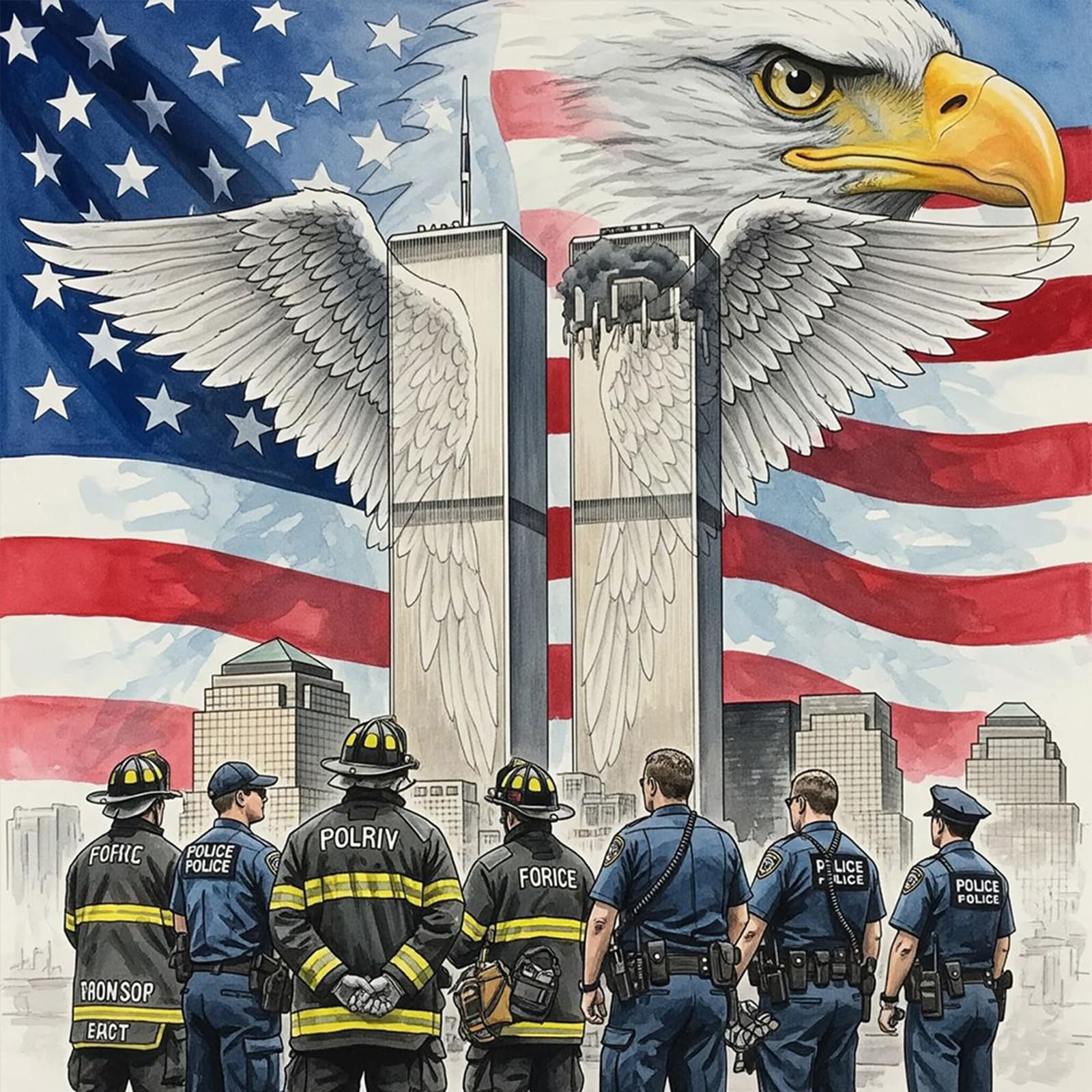 Poetrydraw Eagle Guard The Twin Towers 911 Eagle Guard Twin Towers 5D Round Drill Diamond Art Kit Diy Home Wall Decor Gift For Adults/Beginner