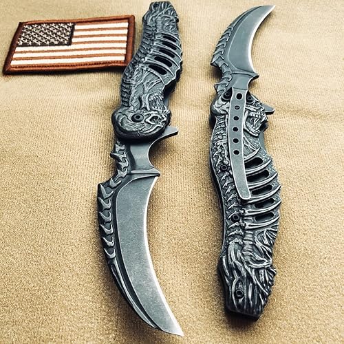 Miniatura 9 de HOLYEDGE Cuchillos plegables de bolsillo de hoja de calavera de 8.4 pulgadas lavados a la piedra con clip de bolsillo, bloqueo de forro y apertura