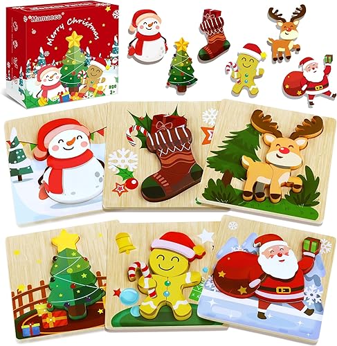 Mamaeco Paquete de 6 rompecabezas de madera de Navidad para niños pequeños, rompecabezas de madera para niños, regalos de calcetines de Navidad,