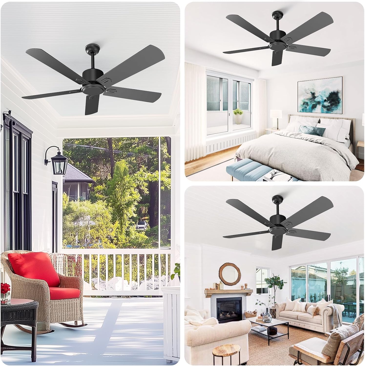 Obabala 52 Inch Ceiling Fan No Light, Outdoor Indoor Flush Mount Low Profile DC Motor Fan with Remote and APP, 5 Blades Reversible Silent Fan for Patio, Bedroom, Living Room, Garage, Black
