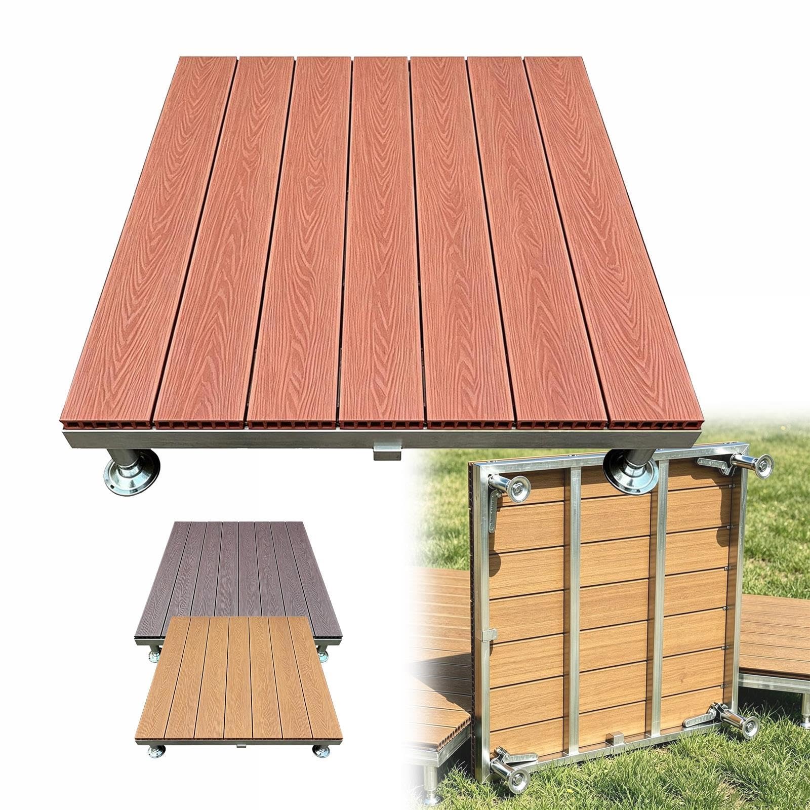 Piastrelle In Legno Composito WPC Per Terrazze 84x84cm Pavimento Esterno | Piattaforma Rialzata Esterno Con Telaio Metallico E Piedini Regolabili, Impermeabile, Giardino Tetto(Brown)