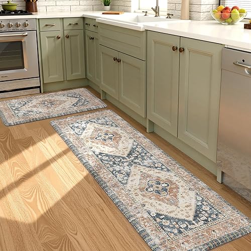 Vista 379 de KIMODE - Juego de 2 tapetes de cocina bohemios, antifatiga, antideslizantes, impermeables, ergonómicos, acolchados, cómodos, para lavandería, Caqui