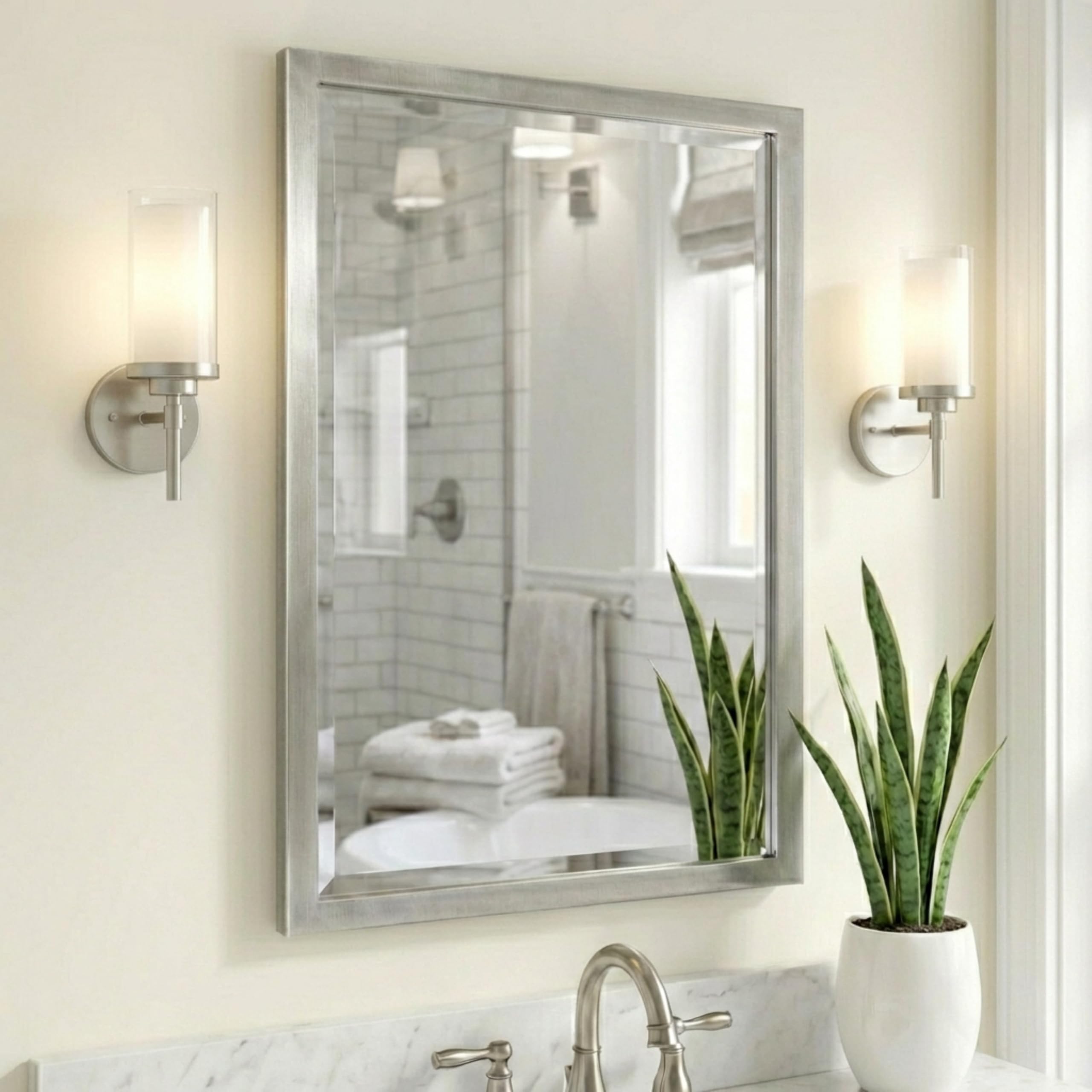 Miroir Mural Biseauté 28x16 Pouces - Cadre Nickel Brossé Finition Polie - Salle De Bain Ou Déco