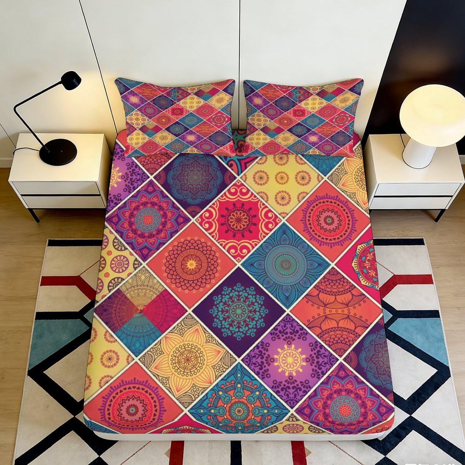 3D Printed Mandala Mosaic Fitted Sheet Microfiber Soft Colorful Geometric Bed Cover for Bedroom Guest Room Decor 160x200x25cm