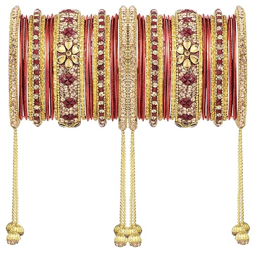 Peora Gold Plated Stone Studded Metal Chura Chuda Bangle Set with Hangings for Women Girls Wedding Bridal Indian Traditional Ethnic Jewellery