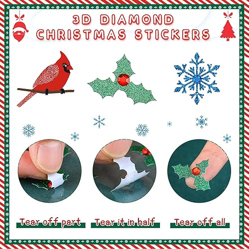 Miniatura 3 de Zonon 300 calcomanías de acebo de Navidad, copos de nieve, calcomanías de purpurina dimensional de diamante 3D de Navidad, calcomanías decorativas