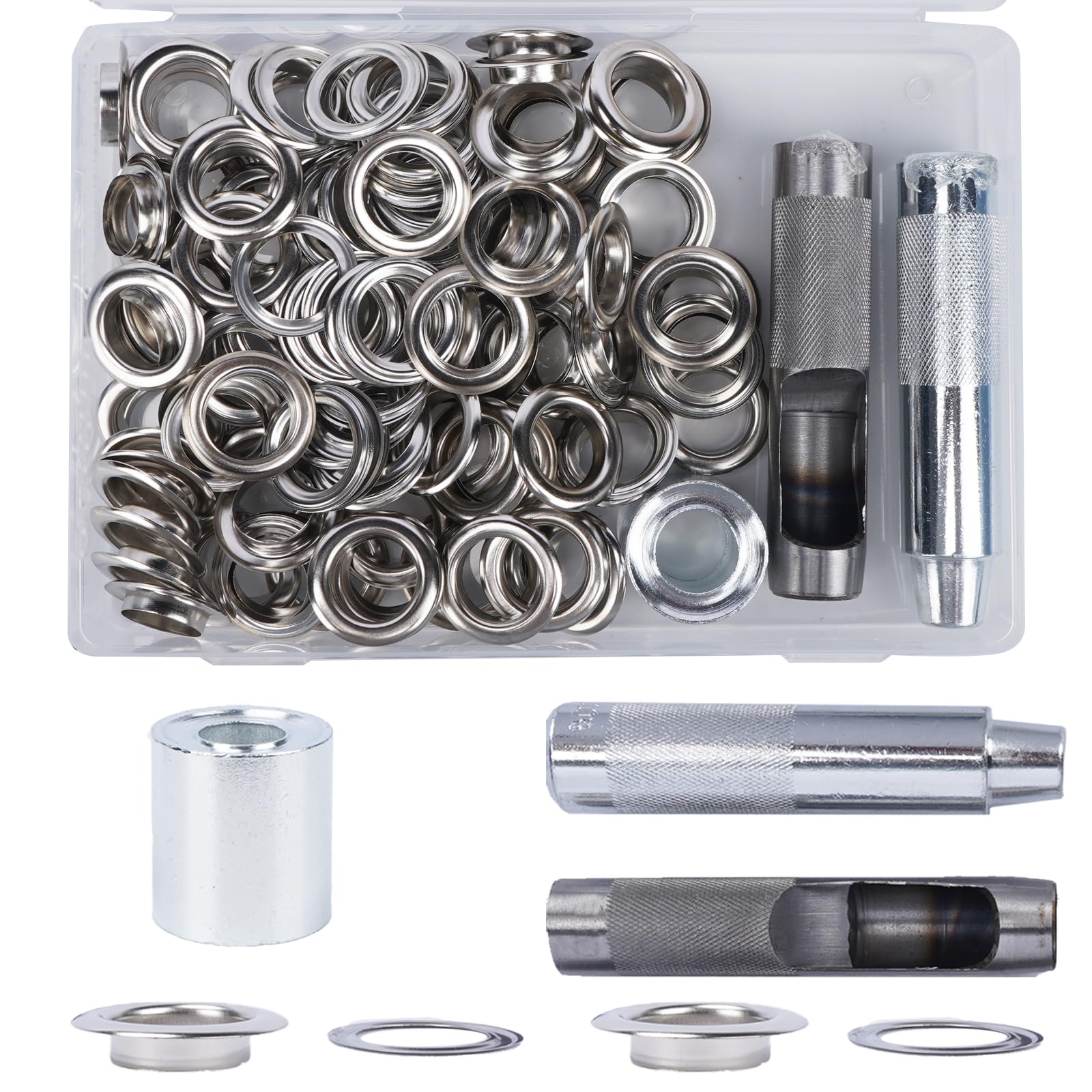 Luabue 100Sets 18mm Eyelet Punch Kit Silver Metal Eyelets Grommet Punch Kit