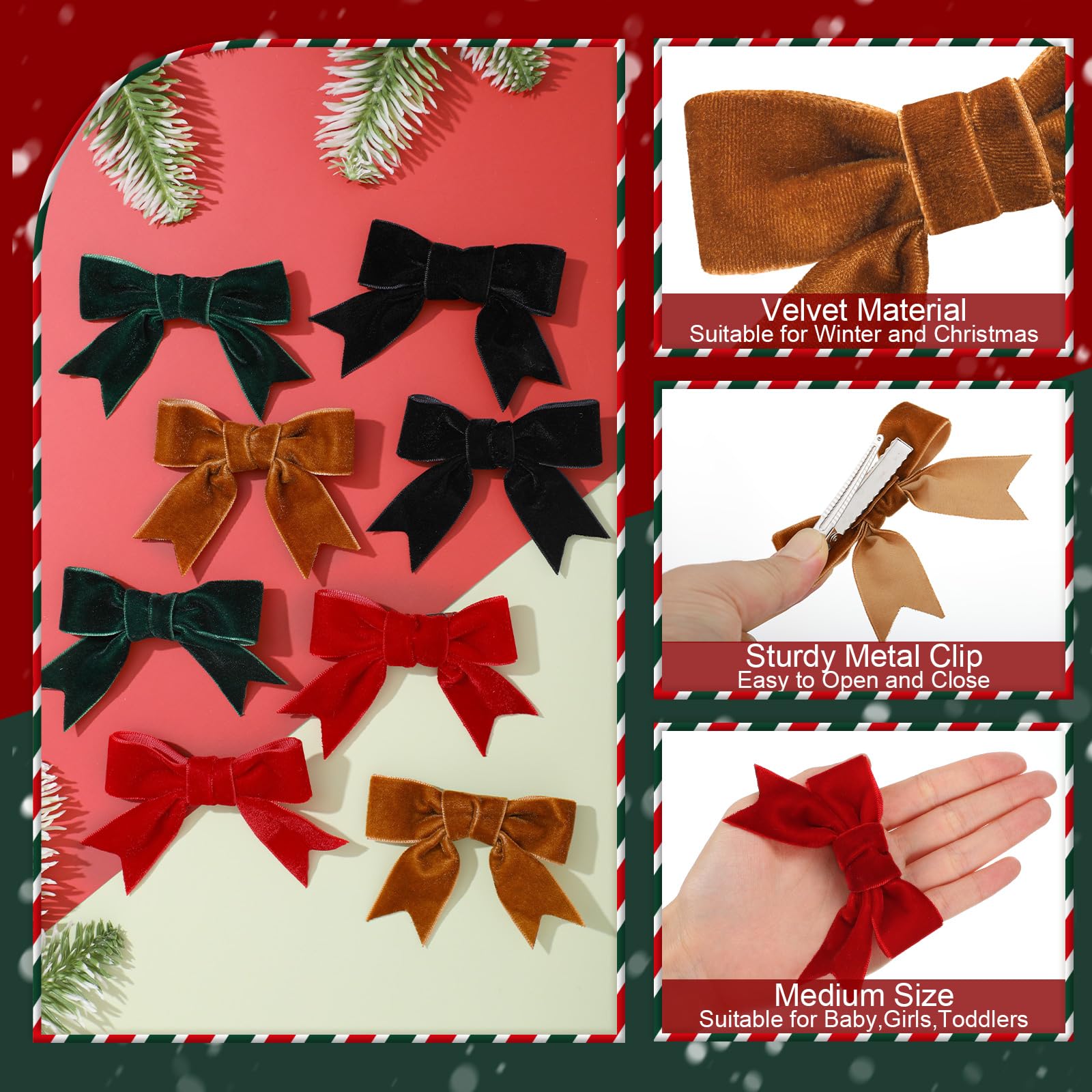 8 fiocchi per capelli in velluto per ragazze, fiocchi natalizi per capelli, graziosi fermagli per capelli, accessori per capelli, fiocco a coccodrillo, per ragazze e bambini, regalo di Natale,