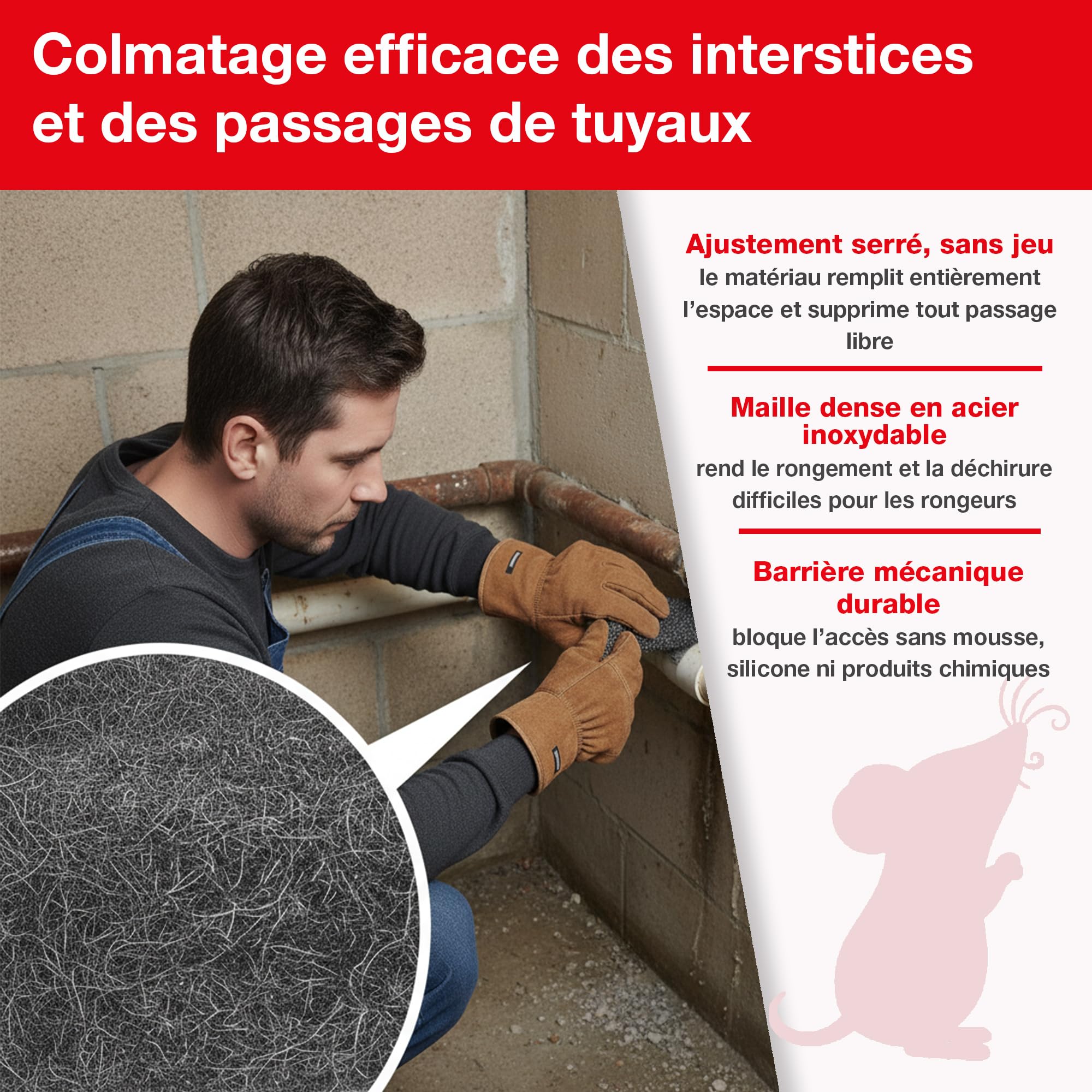 SWISSINNO Laine d’Acier Anti-rongeurs Anti-Intrusion – Maillage/Grillage INOX Durable -Grille Anti-Rat, Anti-Souris- pour Boucher Trous – Contre Souris, Rats, fouines & Insectes – 1×50 cm