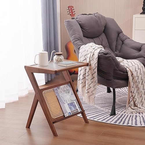 Miniatura 5 de Givjoy Mesa auxiliar de ratán, mesita de noche de cristal de mediados de siglo, mesa auxiliar de madera para espacios pequeños, sala de estar y