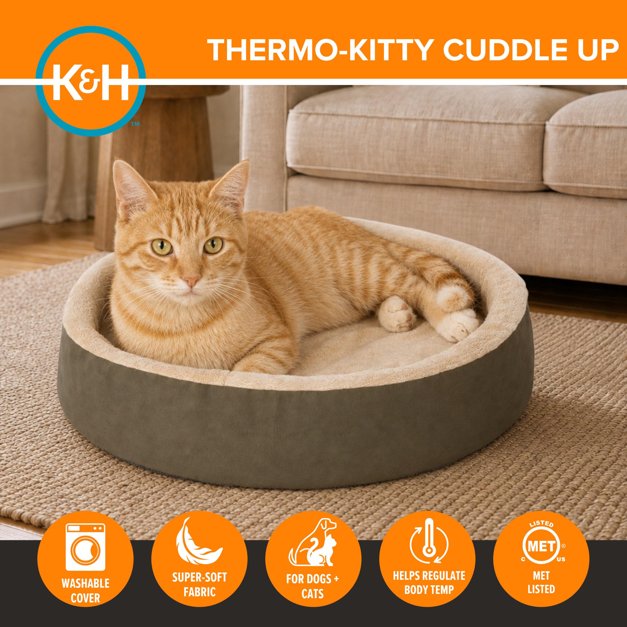 K&H PET PRODUCTS Thermo-Kitty Cuddle Up Heated Cat Bed for Pets 16 Inch Mocha