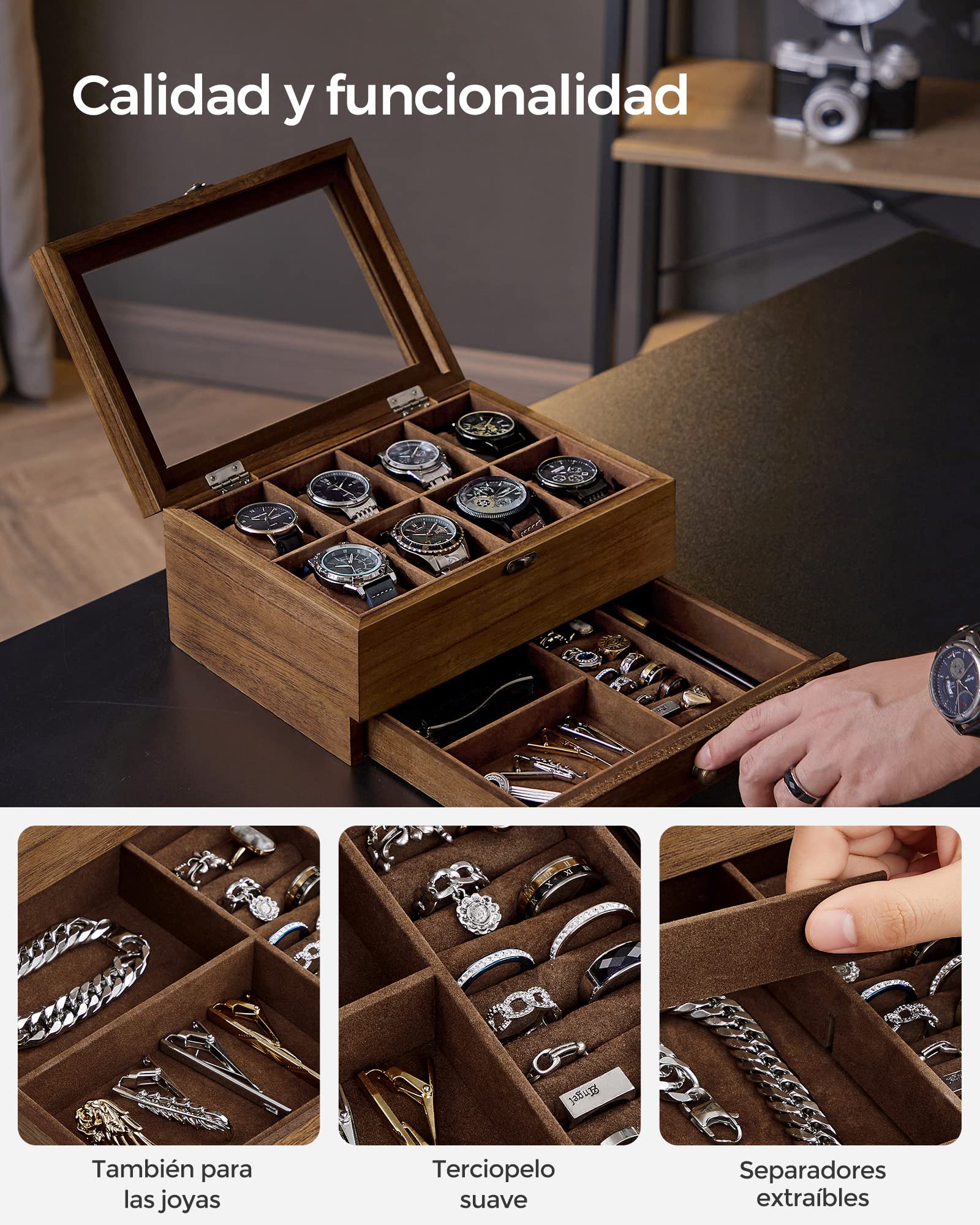 SONGMICS GISELLA Caja de Relojes 8 Ranuras Estuche Madera 2 Niveles Tapa Cristal Nogal Rústico