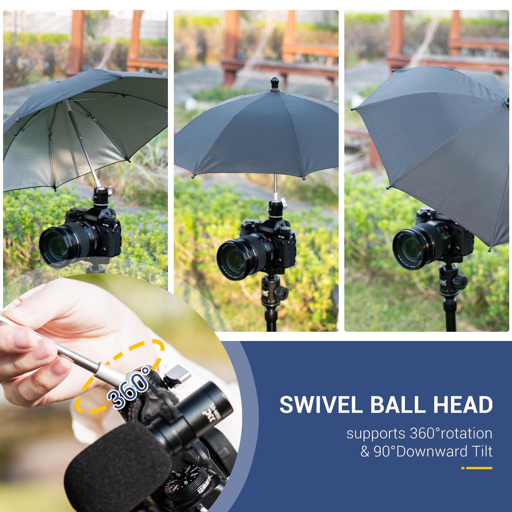 Ombrello per fotocamera con rotazione a 360° testa a sfera e scarpa fredda laterale, ombrello fotografico portatile resistente alle intemperie protegge la videocamera da pioggia, neve, luce solare