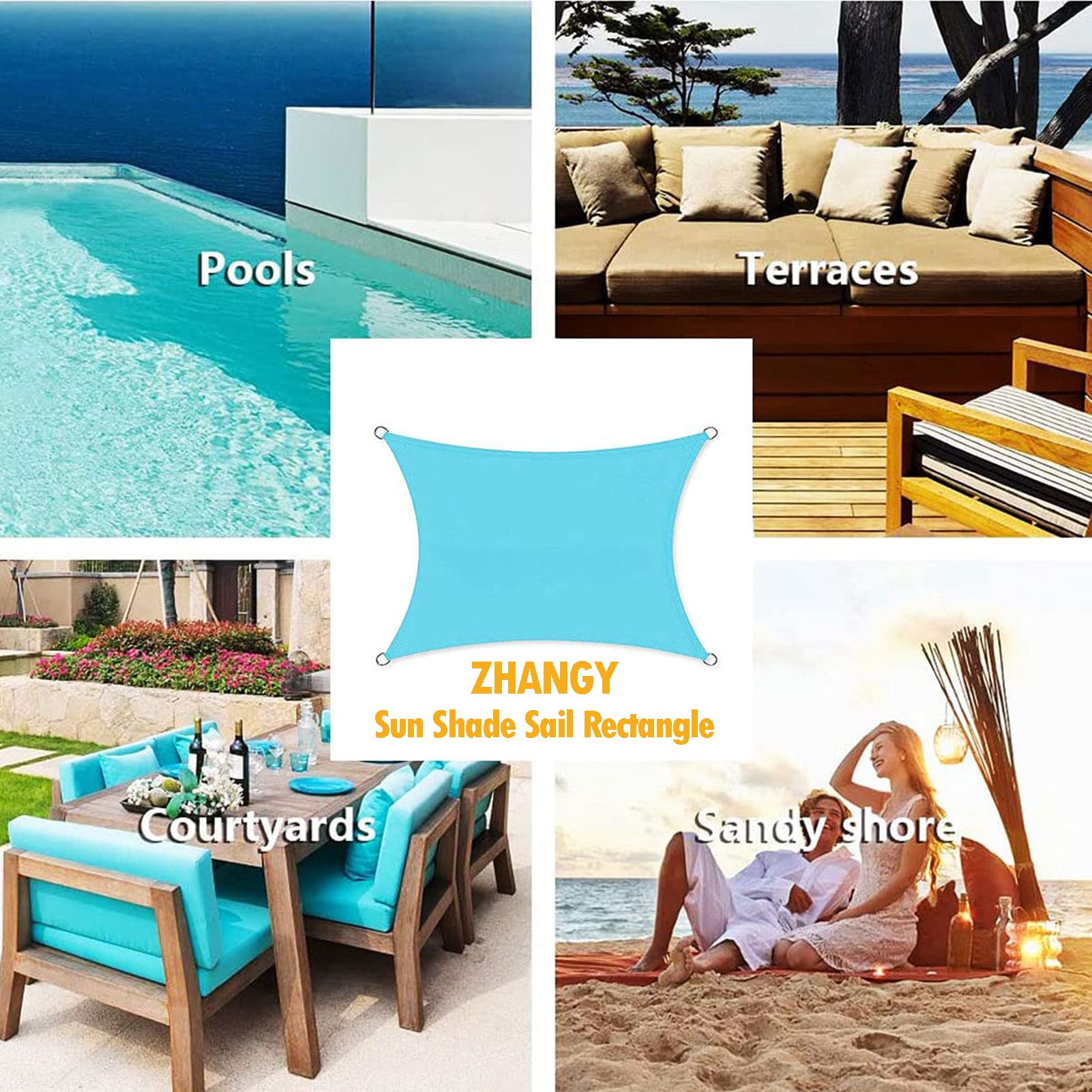 ZHANGY Sun Shade Sail Rectangle Waterproof Sunscreen Awning Canopy 7x8ft/2x2.4m, Heavy Duty Waterproof Shade Sails Outdoor Shade Cloth UV Block Awning Easy to Install, for Carport Patio