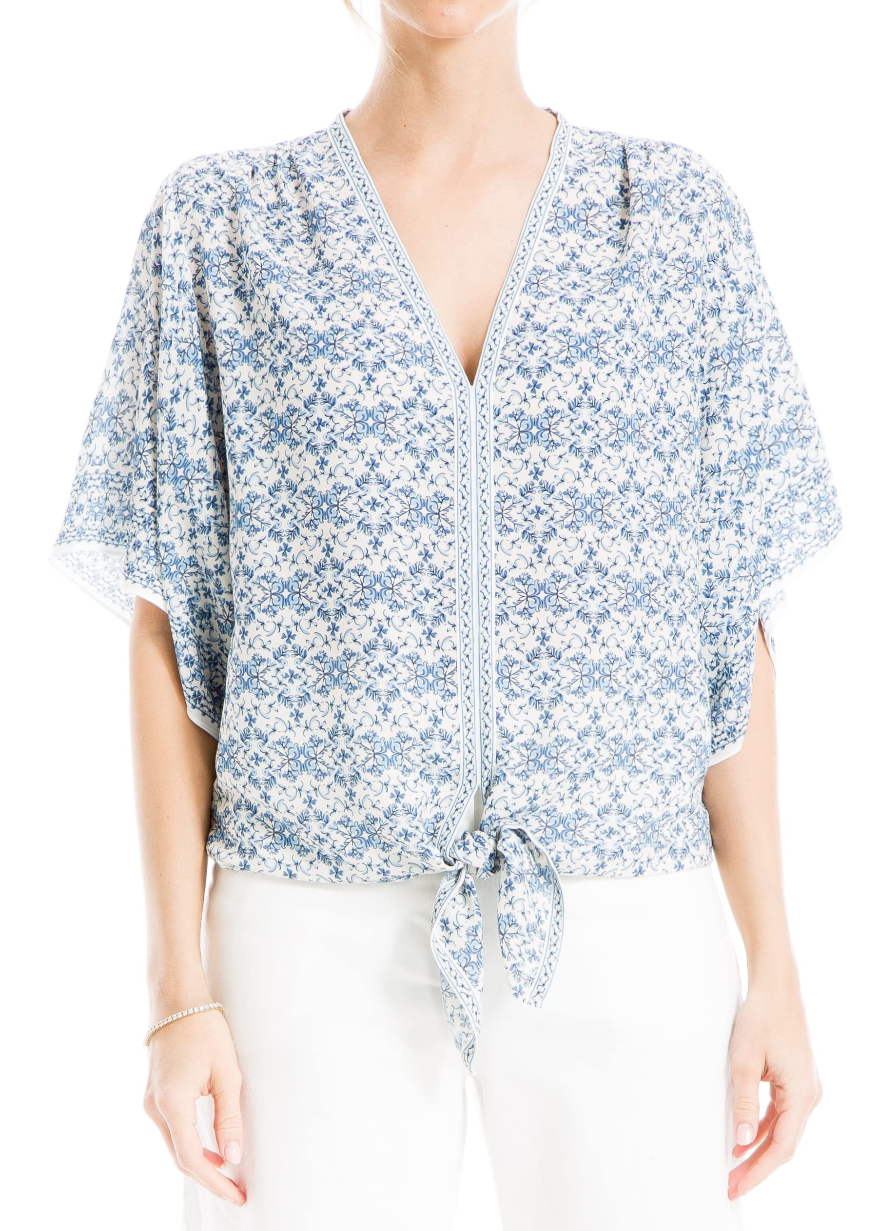 Max StudioWomen's Crepe 3/4 Sleeve Top with Self Tie