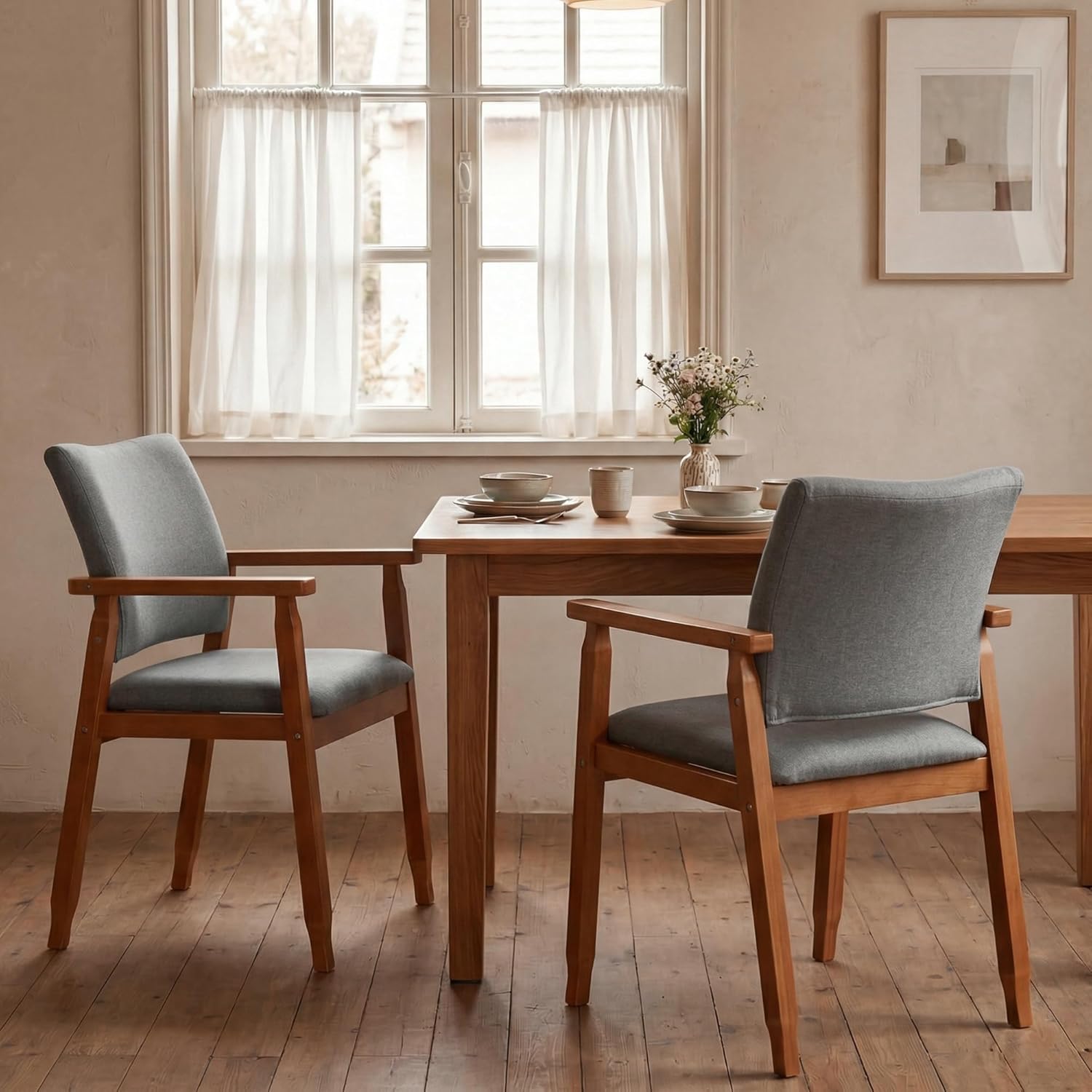 thksbought Set of 2 Mid Century Modern Walnut Dining Chairs Wood Arm Grey Fabric Kitchen Cafe Living Room Decor Furniture
