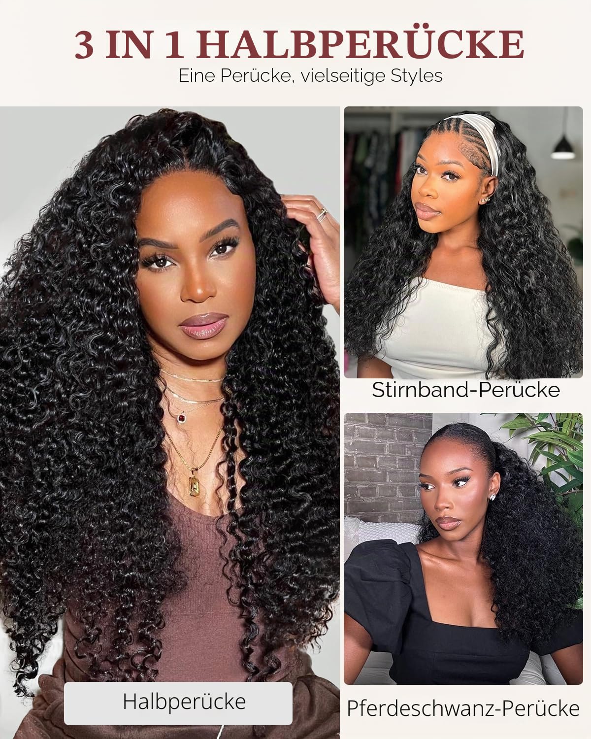 Tunfine Curly Half Wig Echthaar perücke 200 Dichte Water Wave 3 in 1 Seamless Flip Over Wigs Perücke Damen Glueless Human Hair with Drawstring Headband Wig for Women 14 Zoll 35cm