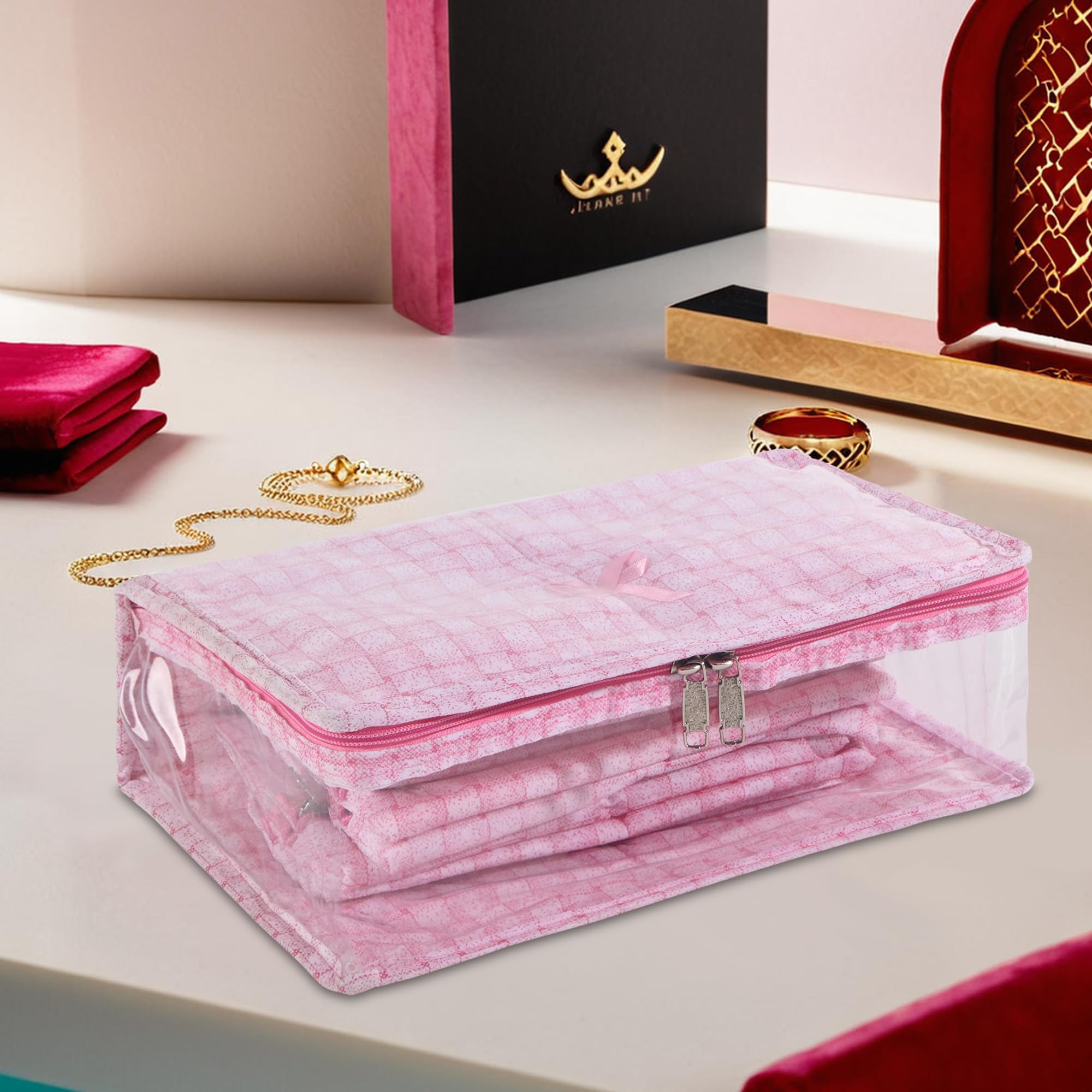 Kuber Industries PVC Makeup Pouch Bag with 13 Compartments | Jewellery Organisers Pouch for Storage Earrings, Rings and Bracelet | Check Laminated Design - Pink