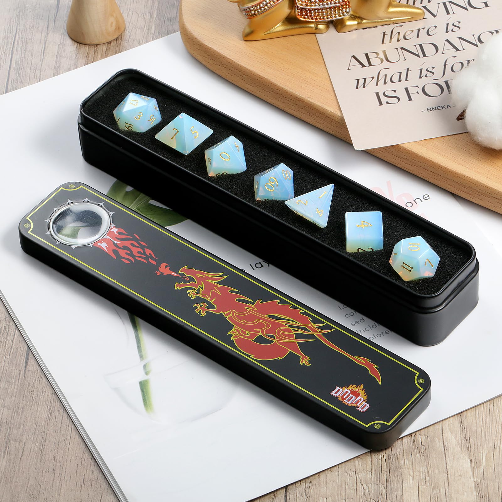 DNDND DND-Würfel-Set aus Opalstein, 7-teilig, D&D-Würfel mit wunderschöner Geschenkbox für D&D-Tischspiele (Opal)