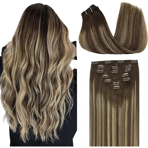 DOORES Clip in Hair Extensions Human Hair Balayage Chocolate Brown to Honey Blonde 18 Inch 7pcs 120g Remy Hair Extensions Clip in Straight Natural Hair Extensions Clip in Real Extensions