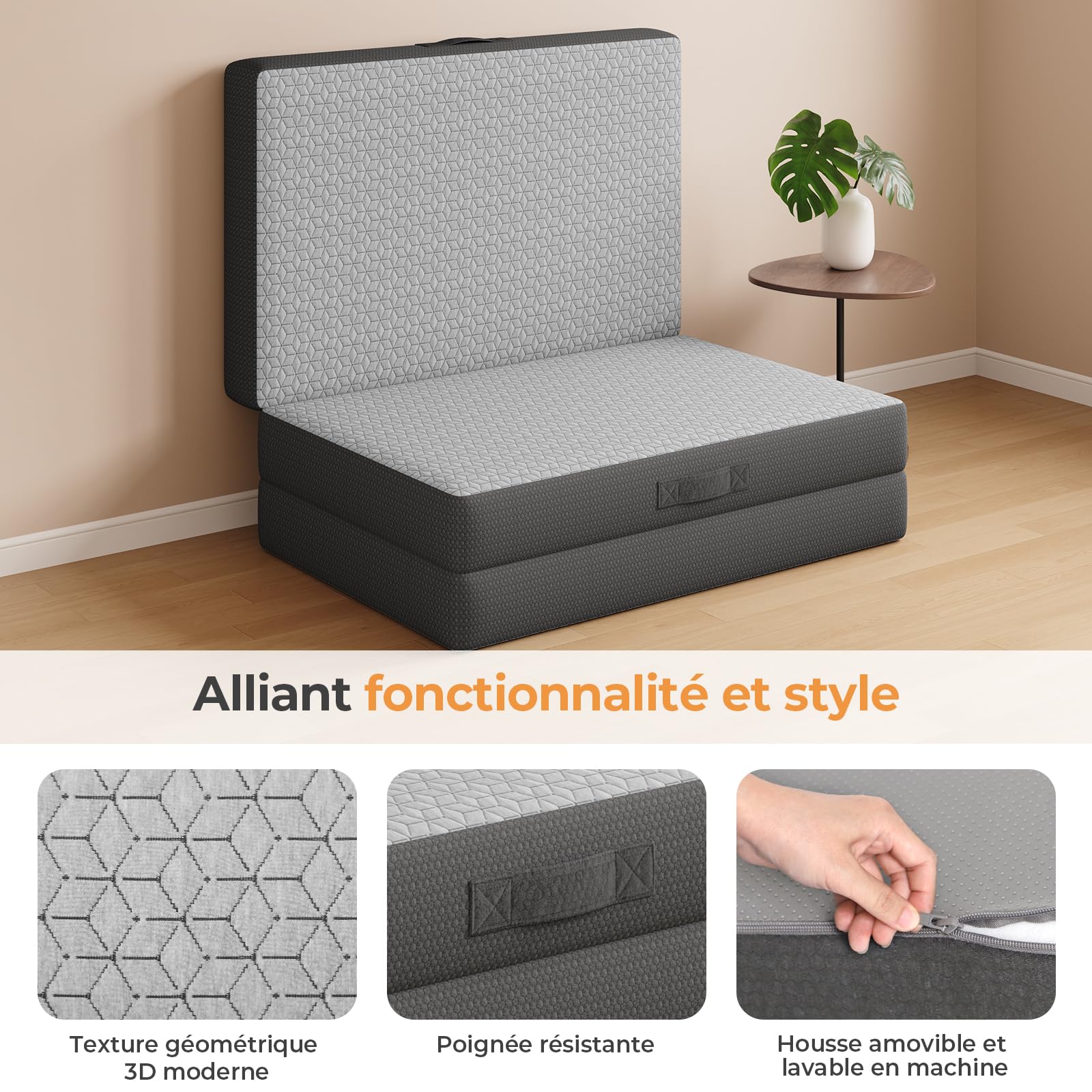 Vesgantti Matelas Pliable 140x190x15 cm avec Sac de Transport, Matelas d’Appoint Adulte en Mousse à Mémoire de Forme Gel, Lit Pliant pour Camping, Voyage, Voiture et Invités, Gris