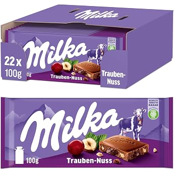 Milka Grape Nut Bar 22 x 100 g Alpine Milk Chocolate with Grape and Hazelnuts Even More Chocolate