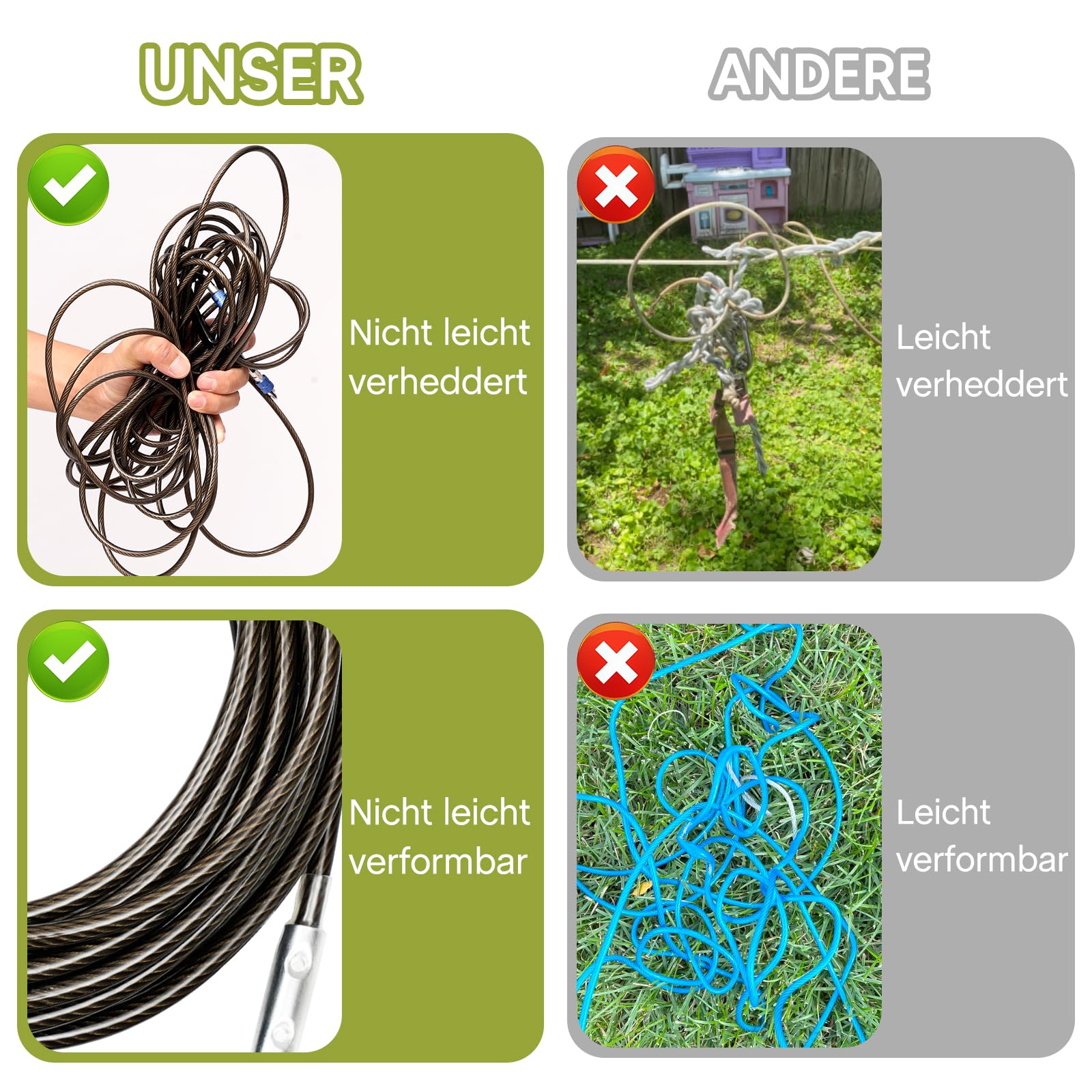 Cable de amarre para perros, corredor de perros para patio y campamento, cadenas de perros para exteriores, cable de corral para perros con mosquetón de aluminio de aviación (negro-gris, 10)