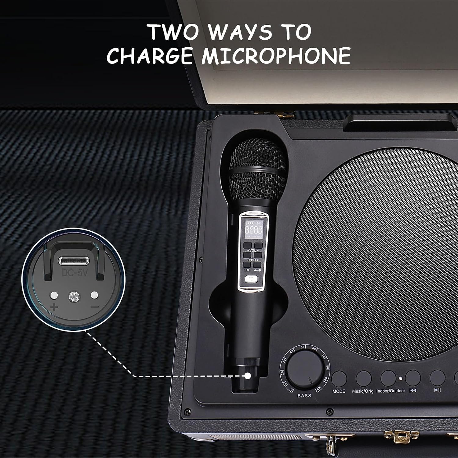 Wireless microphone showing battery compartment and charging port
