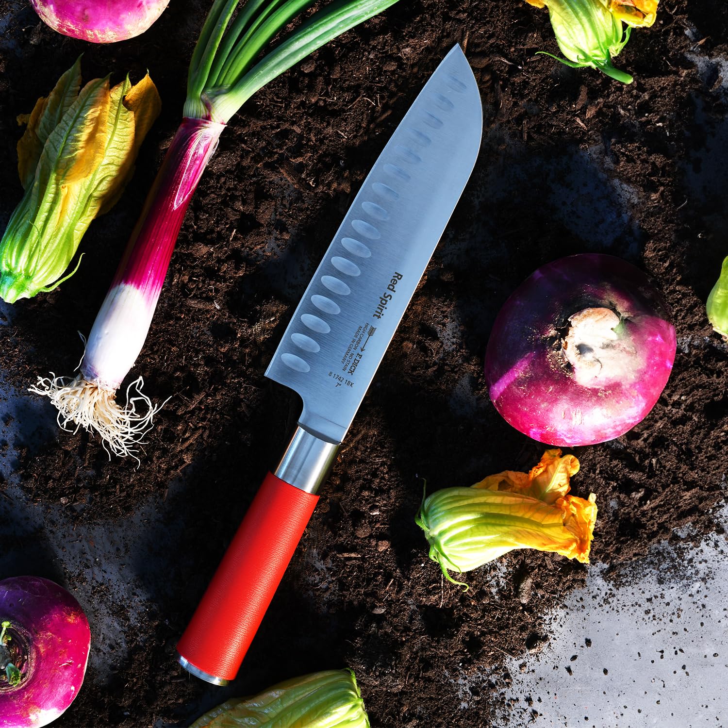 F. Dick Santoku, Küchenmesser, Red Spirit (Messer mit Klinge 18 cm, X55CrMo14 Stahl, nichtrostend, 56° HRC) 8174218K