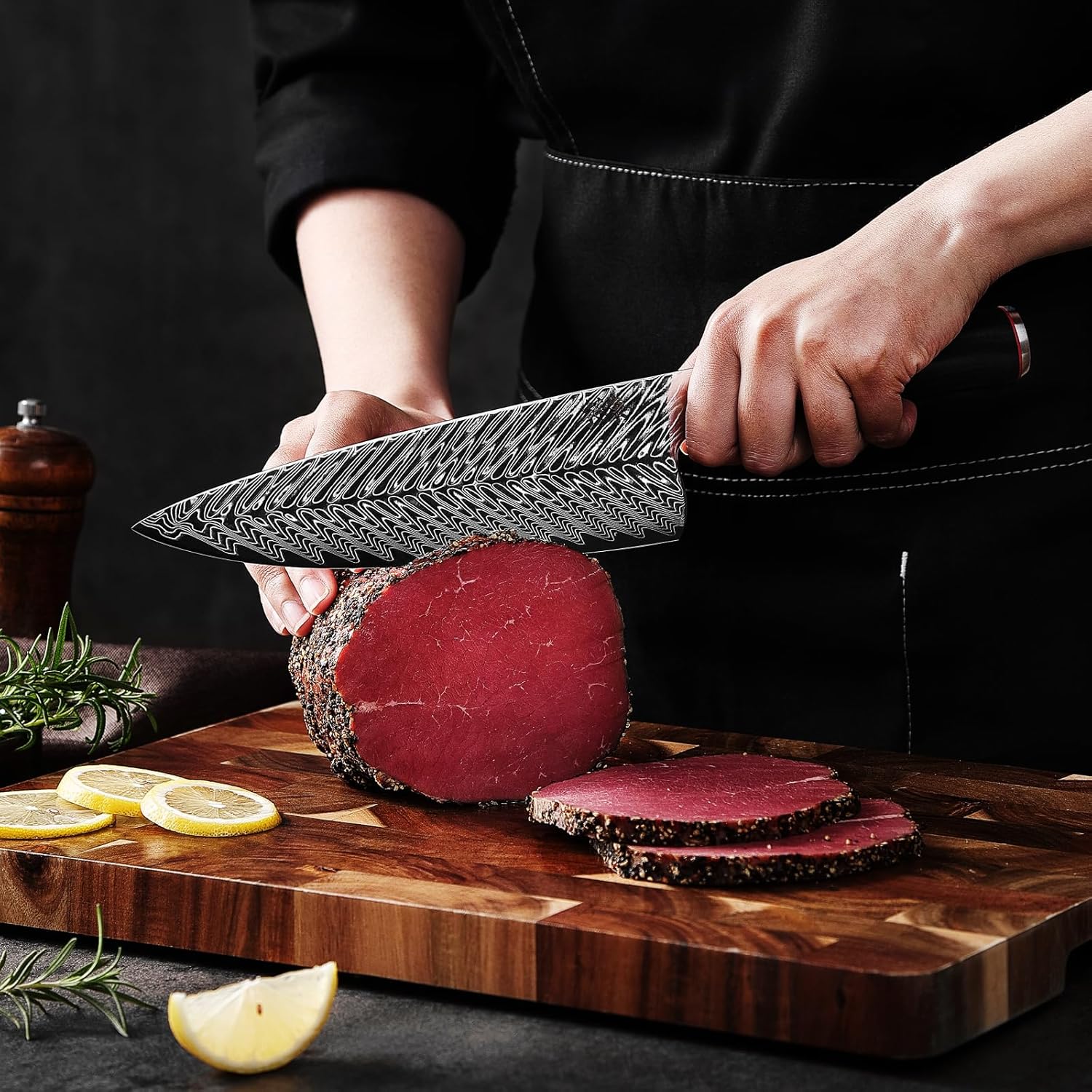 DONGSUN 8" Damascus Wide Blade Chef Knife, 73-Layer VG10 Super Steel Forged Japanese Gyuto, Professional Kitchen Knife with North American Black Walnut Sheath, Ultra Sharp Cooking Knife