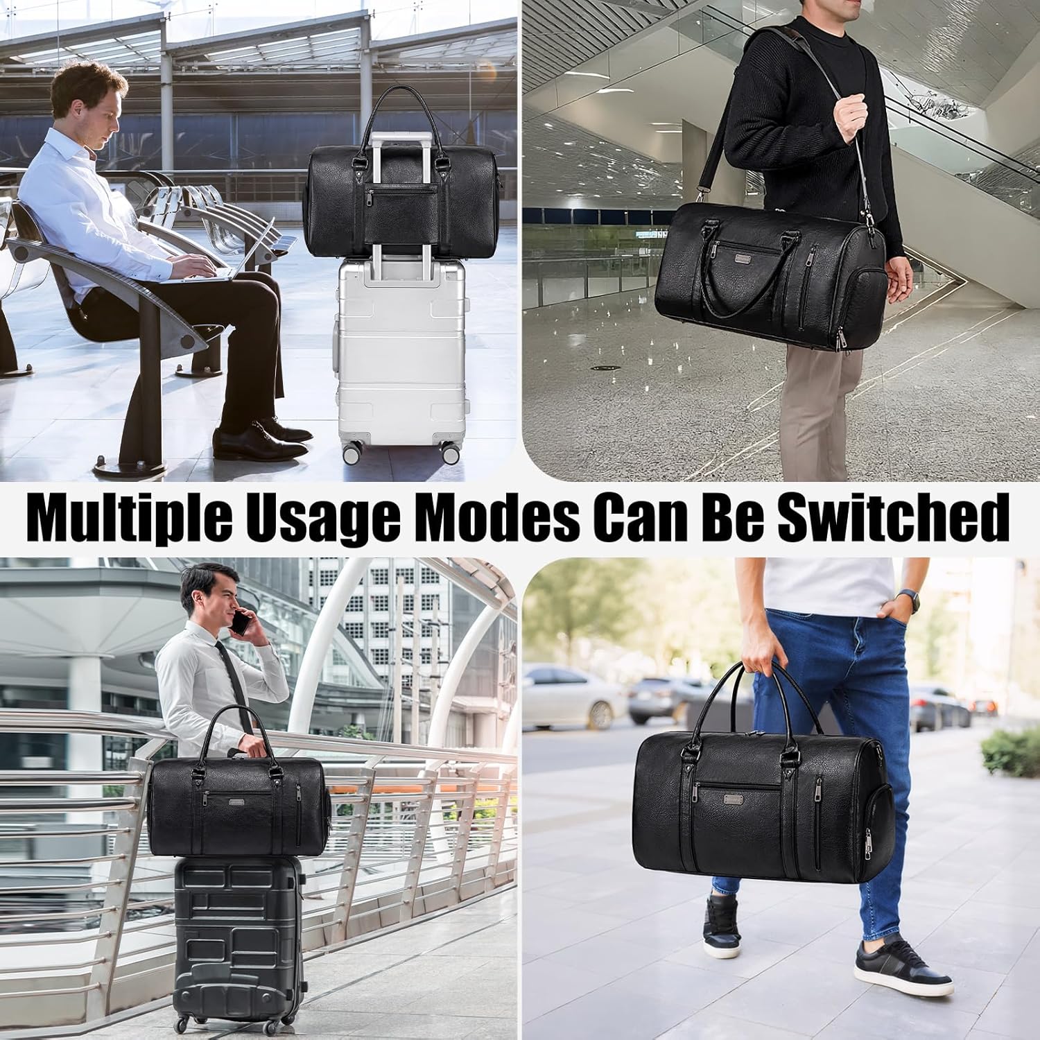 Large Leather Duffel Bag for Travel, Weekender Bag for Men or Women with Shoe Compartment, Waterproof Carry On Bag with Toiletry Bag, Travel Tote Bag with Luggage Strap (Black) image 3 of 8 B0DM6CMP5Y