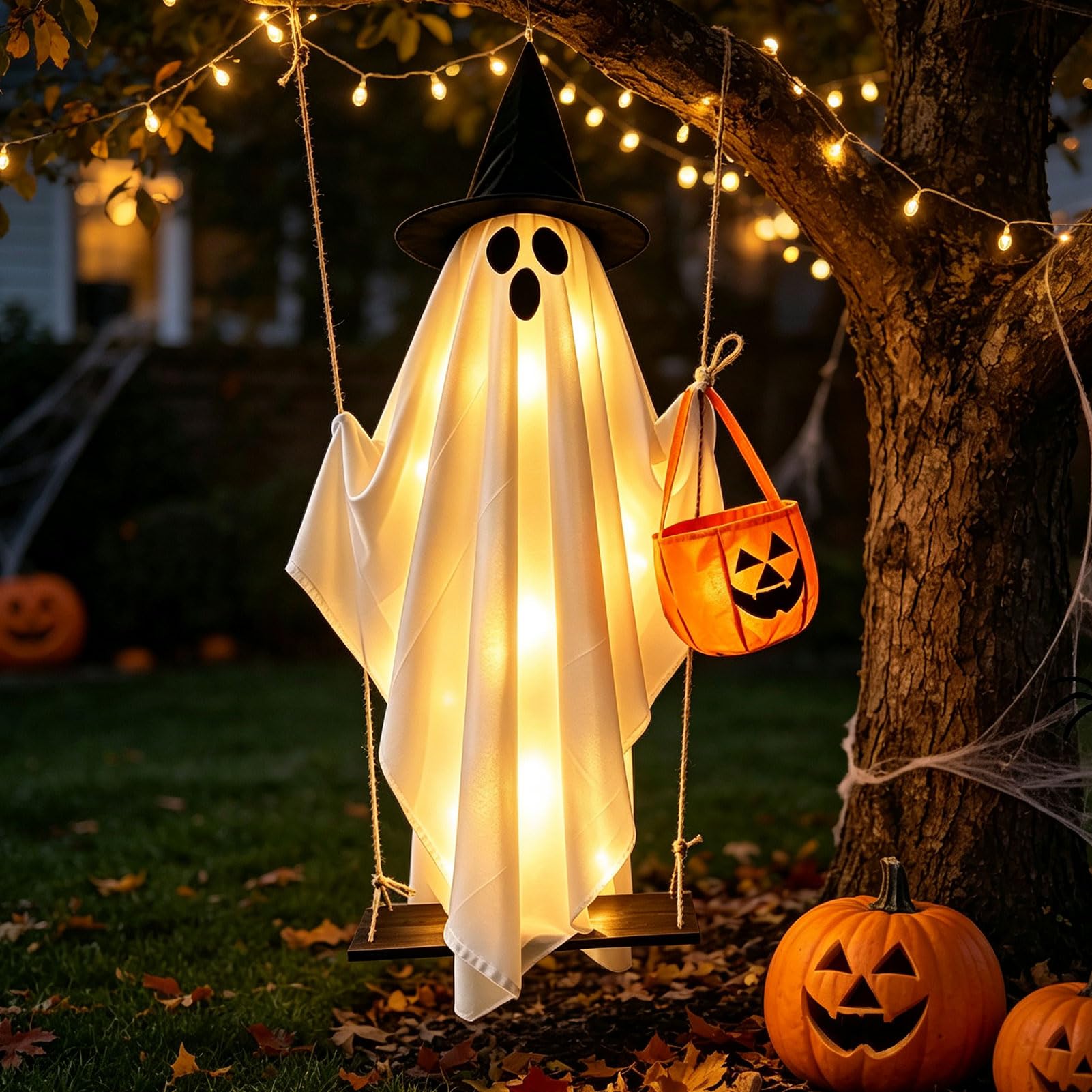 Halloween Deko Outdoor Leuchtend Geister Hängend mit Lichterkette 1.5M (A) | Hängende Geister Schaukel mit Kürbis Tüten, Gruselige Leuchtend Geist mit Hexenhut Auf Holzschaukel für Halloween Deko Garten