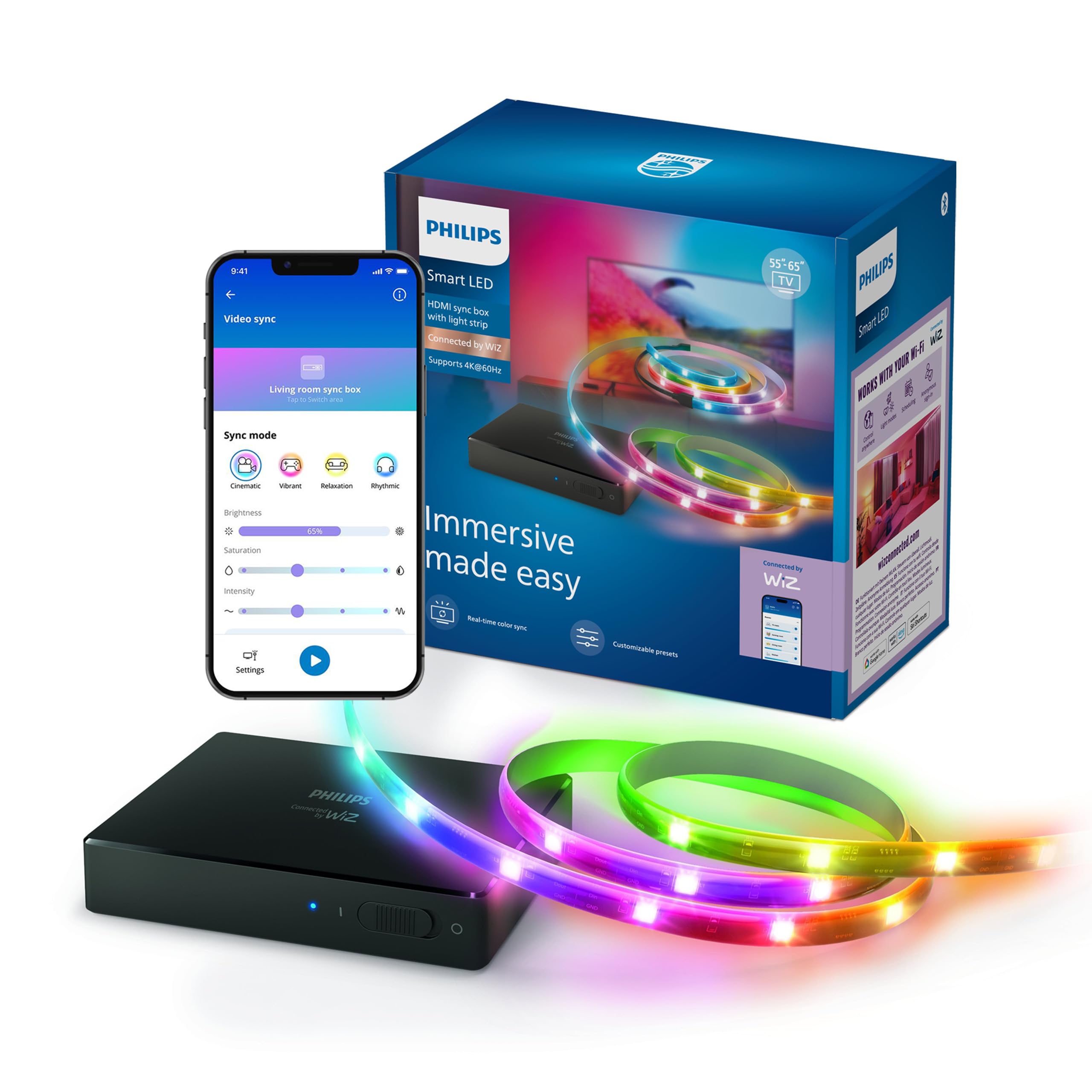 Philips Smart Lighting HDMI Sync Box, Striscia LED RGBIC per TV 55-65" | Luce dietro TV, Dimmerabile, Sincronizzazione con film e musica, HDMI 2.0 4K a 60 Hz, Smart Home, Compatibile con WiZ