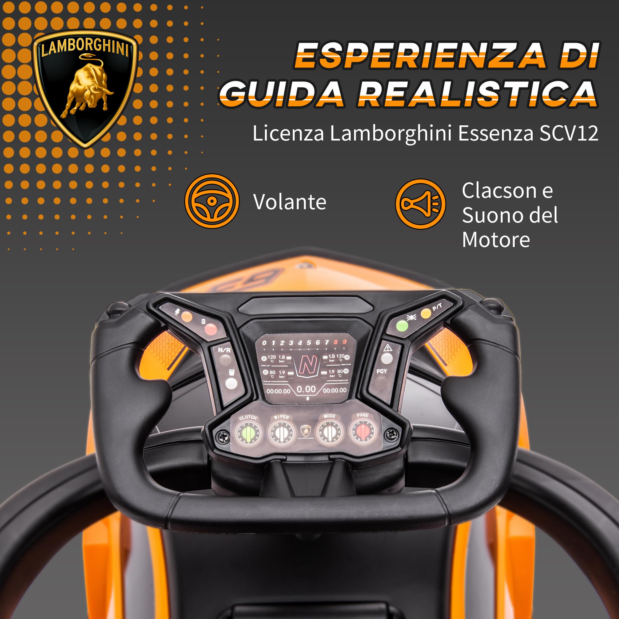 AIYAPLAY Lamborghini Macchinina per Bambini 2 in 1 con Maniglione e Barriera di Sicurezza, Volante e Clacson, Auto per Bambini in PP e Metallo, 86.5x40x89.5 cm, Arancione e Nero