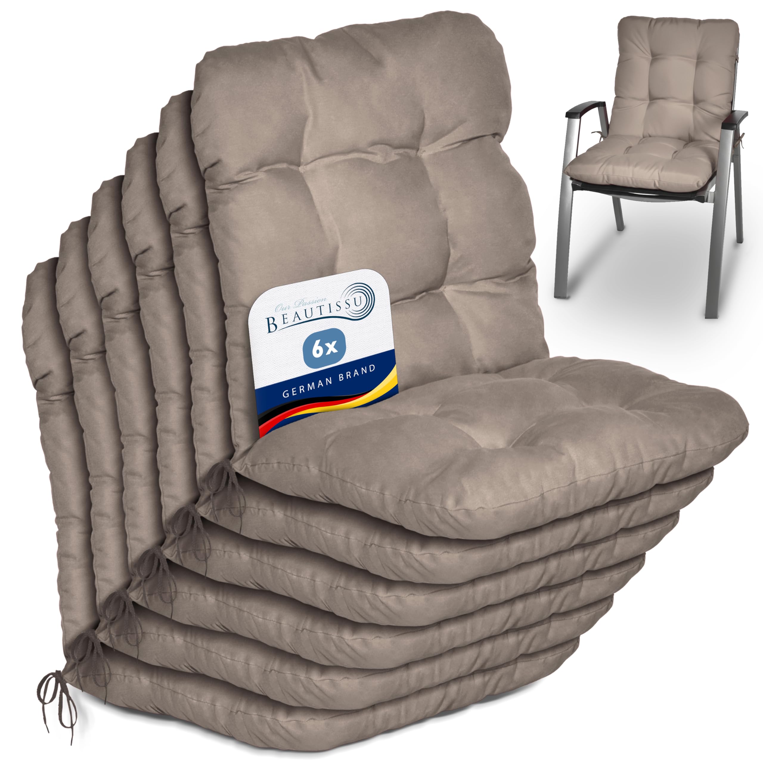 Beautissu Set di 6 Cuscini per sedie da Giardino Flair NL 100x50x8cm - Comoda e soffice Imbottitura - Morbido Cuscino per Interni ed Esterni - Ideale Anche per spiaggine - Taupe