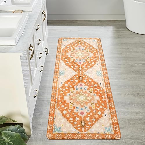 Miniatura 7 de Uphome Alfombra de baño bohemia, antideslizante, suave, lavable a máquina, oriental para pasillo, diseño tribal estético, floral, decoración del