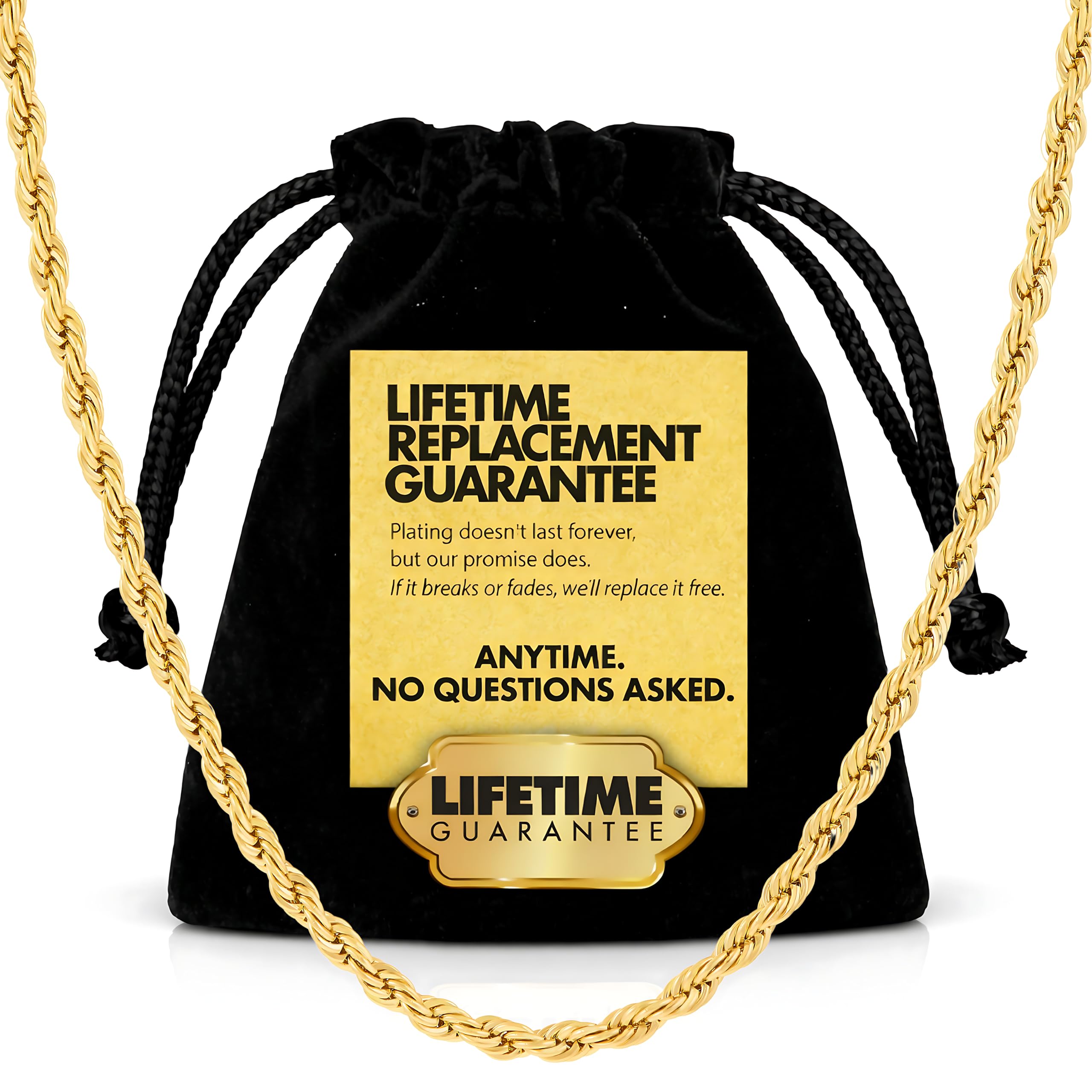 2mm Gold Rope Chain for Women & Men - Diamond Cut 24k Necklace Real Gold Plated - Lifetime Replacement - Durable Clasp - 14 to 36 inches