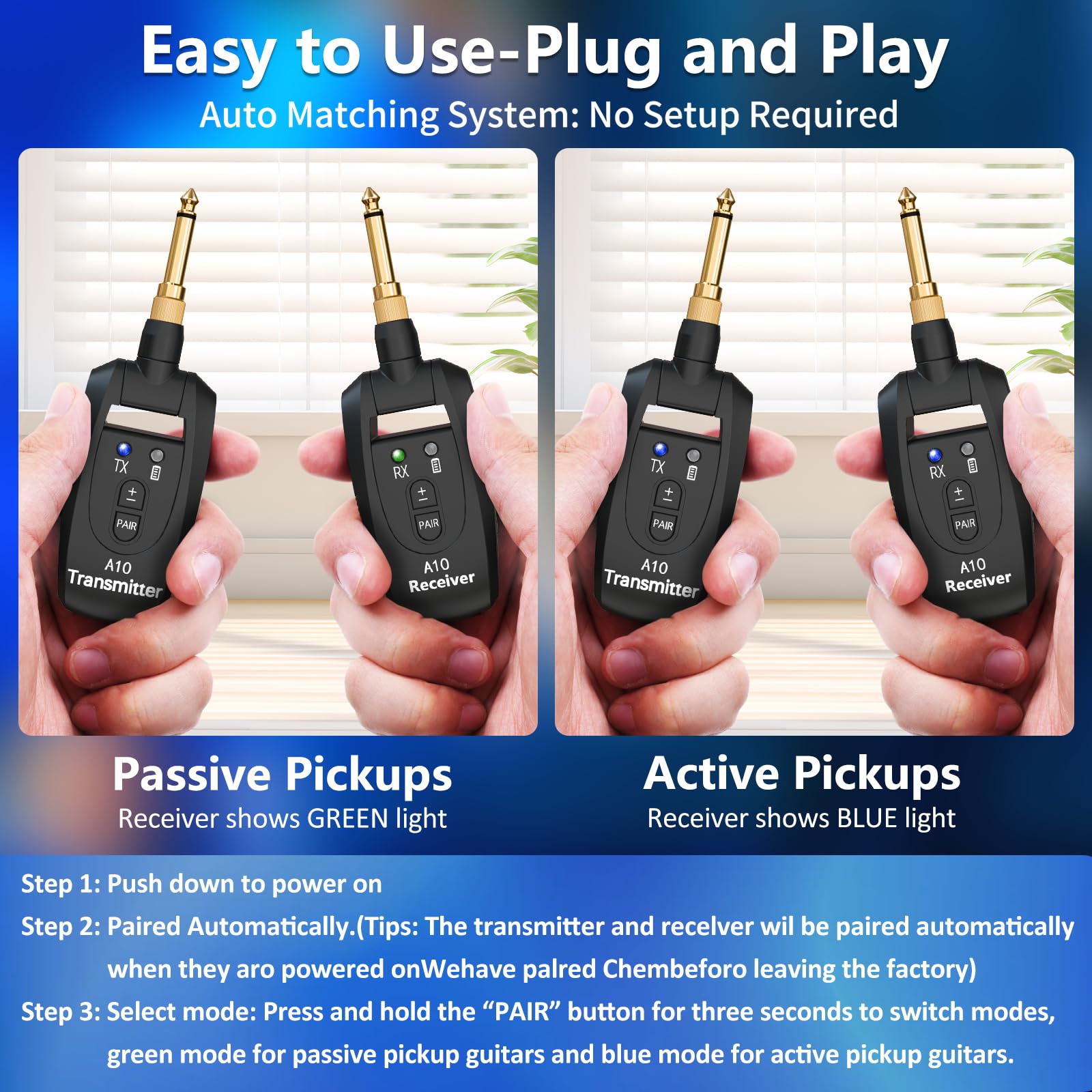 A10 Sistema Wireless per Chitarra UHF, 2 Modalità, Batteria Li Ricaricabile, 30m di Portata, Plug & Play per Chitarra, Basso, Violino, Tastiera - Nero