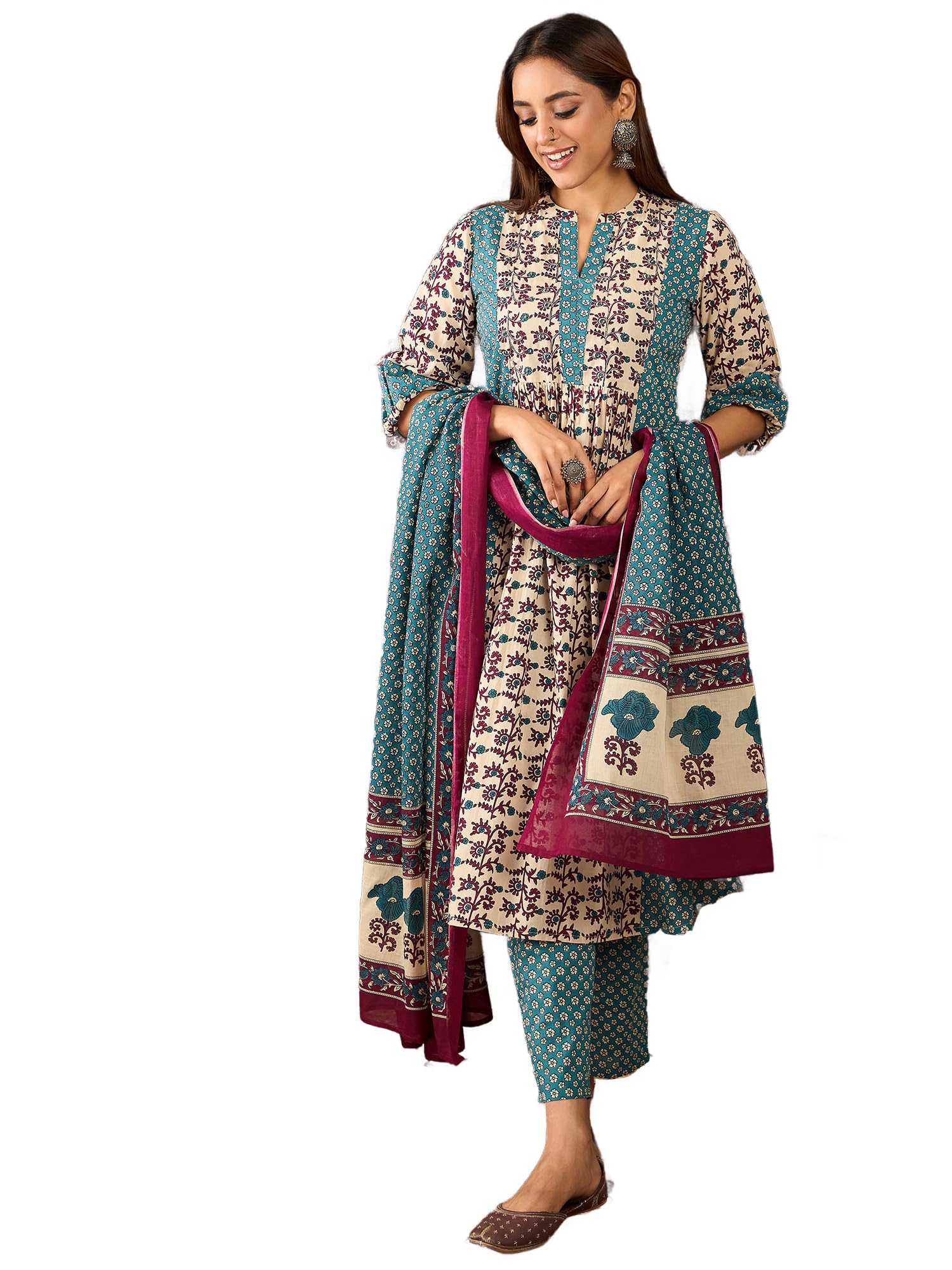 indo era Women's Pure Cotton Ethnic Motifs Pritned A-Line Calf Length Kurta with Pant & Dupatta Set (IESTR11631)-picture-10