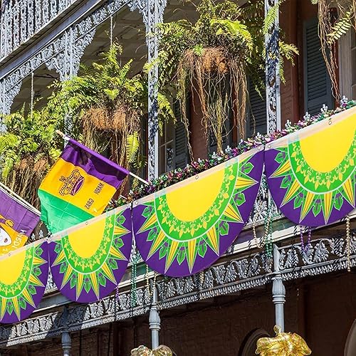 Miniatura 4 de 4 banderines de Mardi Gras 47 x 24 pulgadas bandera de tela de poliéster Mardi Gras de Nueva Orleans para carnaval exterior riel de porche o