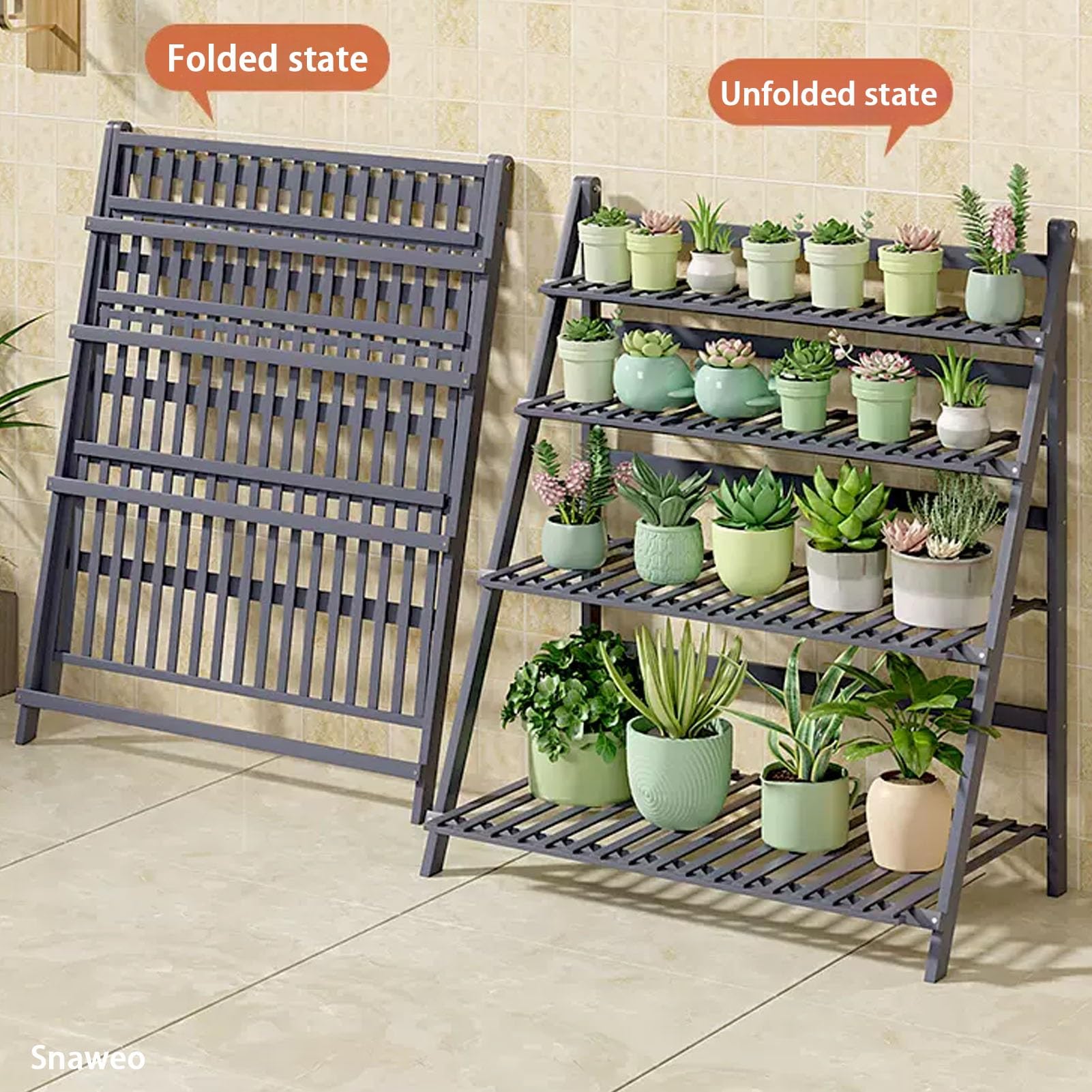 Support pliable en bambou à 4 niveaux pour terrasse, balcon, jardin, support de pot de fleurs multifonction avec design échelle (marron, 50 cm)