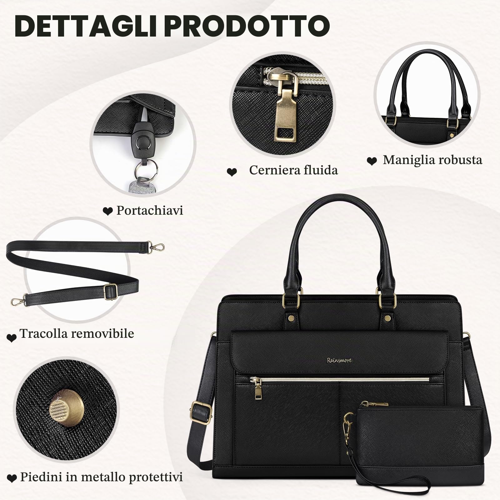RAINSMORE Borsa Università Donna Borsa Lavoro in Pelle PU Grande Borsa Porta PC 15.6 Pollici Impermeabile a Spalla Tracolla Nero